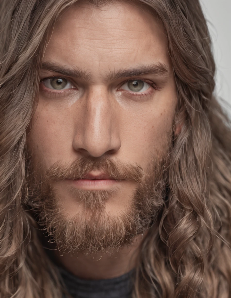"modern-day philosopher, youthful appearance with a beard, long flowing hair, and glasses"