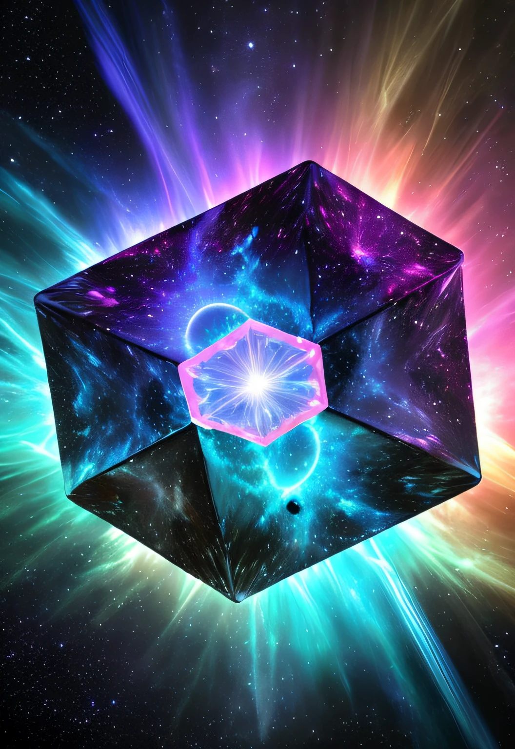 a close up of a colorful object with a star in the background, tesseract, the tesseract, infinite fractal tesseract, mesmerizing fractal hypercubes, bioluminescent hypercubes, geometric tesseract, hypercube, cube portals, holographic space, space fractal gradient, infinite quantum portal, dmt visuals