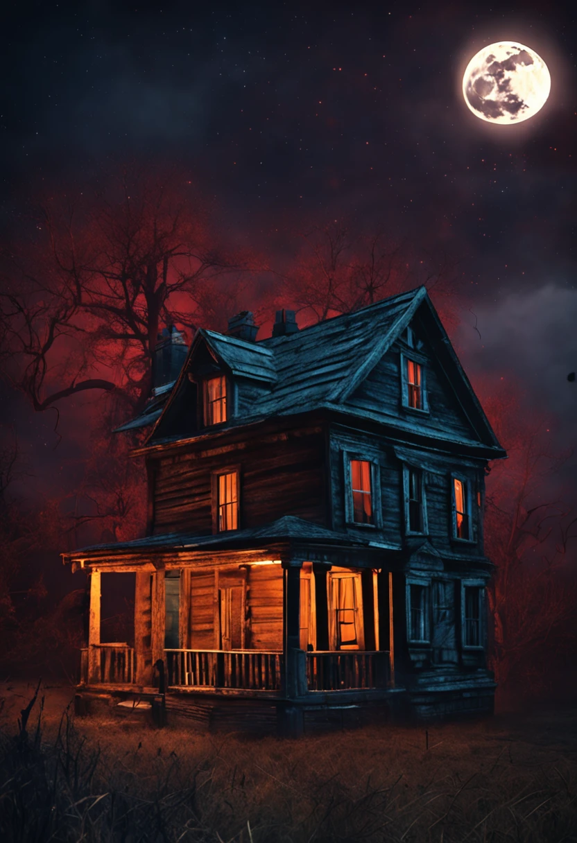 horror book cover, old, spooky wooden house, night roar, full moon