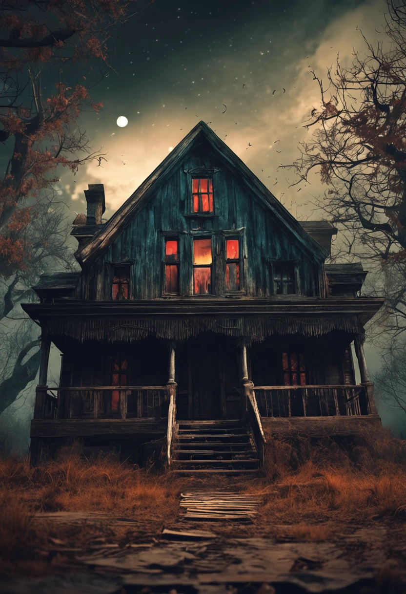 horror book cover, old, spooky wooden house, night roar, full moon