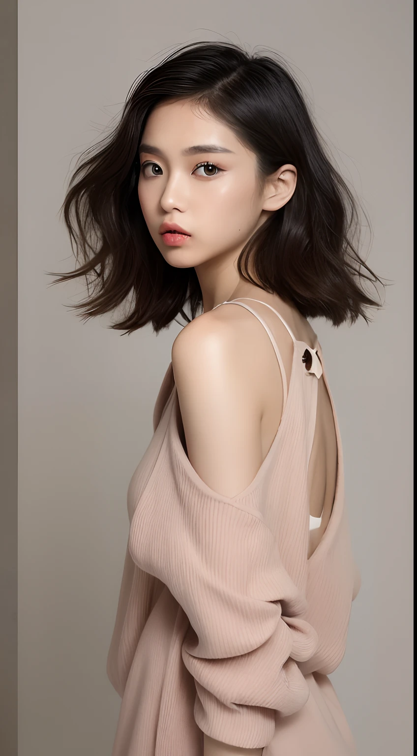 one Thai model ,Unique details, virtual Y2K fashion, Near future, Curvilinear details , double eyelid, plump lips, short wavy hair, simple background