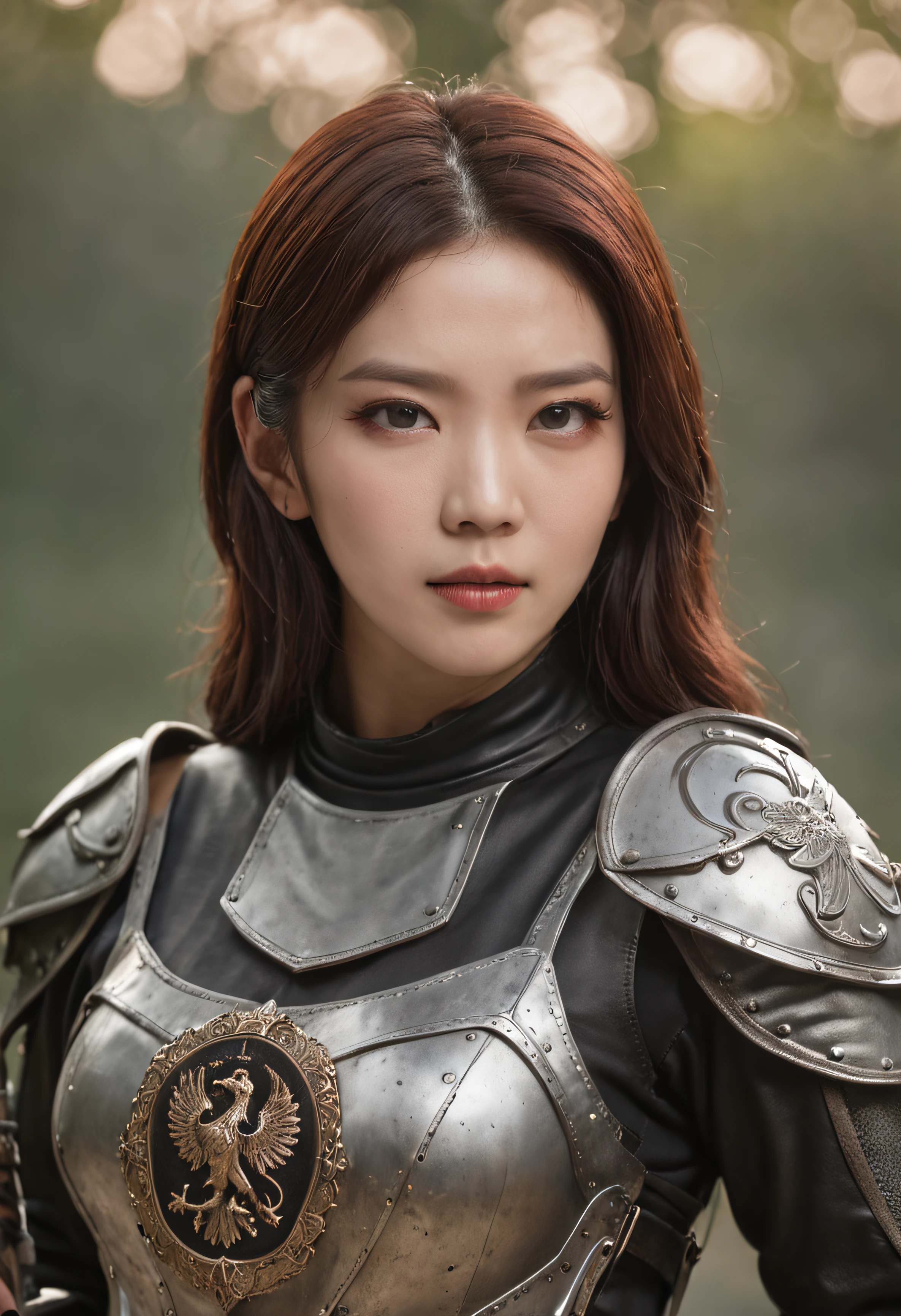 (masterpiece), (extremely intricate:1.3),, (realistic), portrait of a girl, the most beautiful in the world, (medieval armor), metal reflections, upper body, outdoors, intense sunlight, far away castle, professional photograph of a stunning woman detailed, sharp focus, dramatic, award winning, cinematic lighting, octane render, unreal engine, volumetrics dtx, (film grain, bokeh, blurry foreground, blurry background), crest on chest, <lora:ParkShinHyeXL:1> parkshinhye,