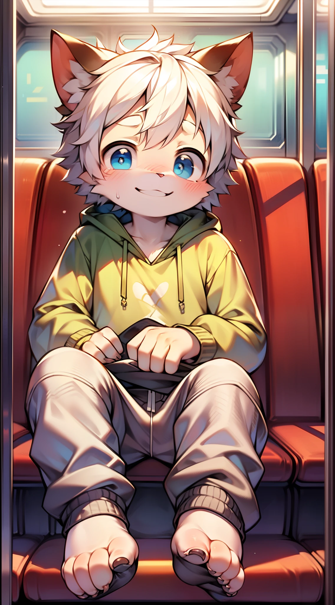 Masterpiece, chubby boy with white hair and shiny bright blue eyes and barefoot wearing a hoodie, and oversized sweatpants sitting in a train, young, boy, child,l, toddsoft lit, (sweatpants:1.4), (Boy:1.4), (Shota:1.4), (Young:1.4), (Male:1.4), (smiling:1.4), (foot:1.4), (shy:1.4),