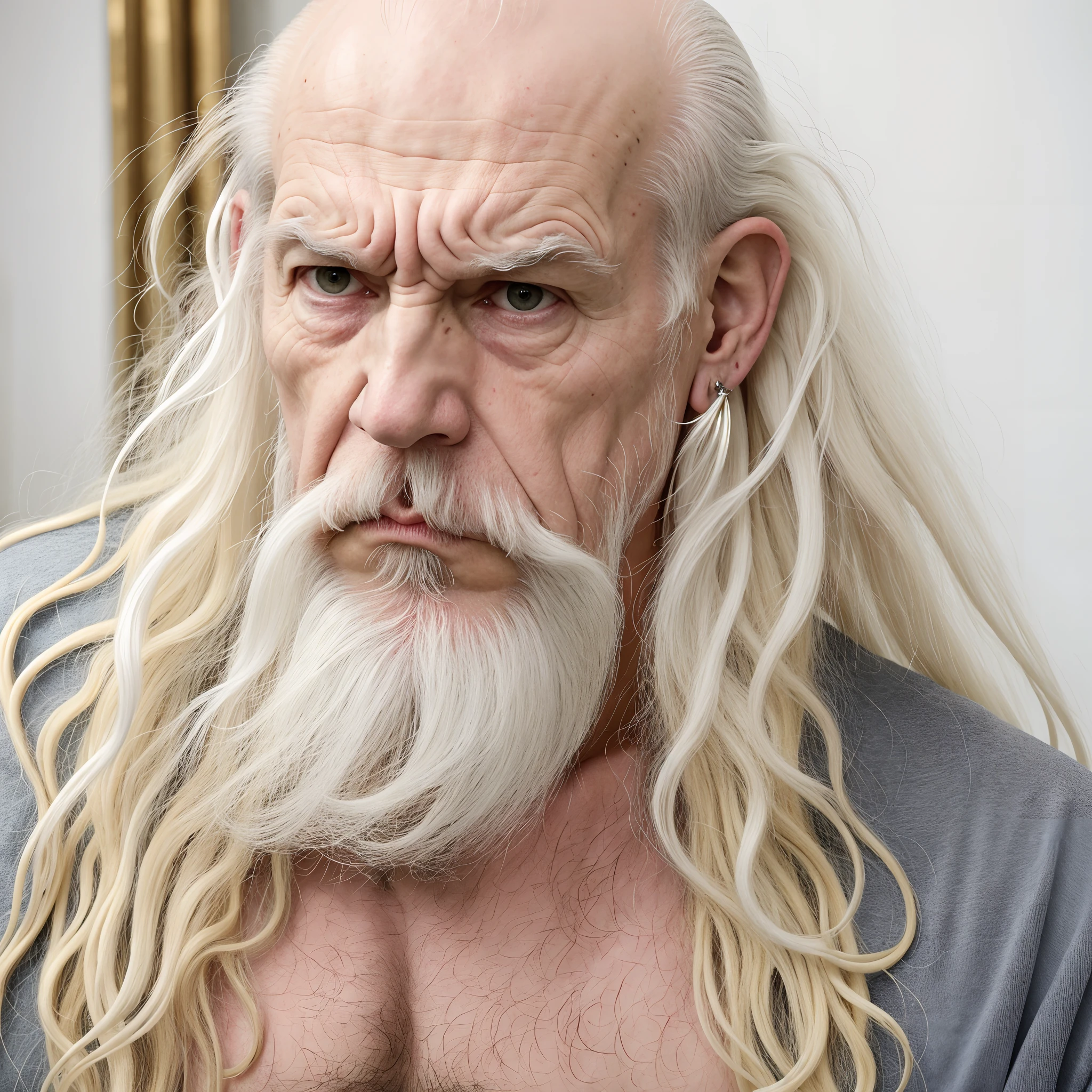 wrinkled old man, emaciated, demonic, regard dur, piercing gaze, angry look, grosse moustache blanche, bushy mustache with thick hair, calvitie, long hair on the sides, very long and wavy white hair, portant des boucles d'oreilles en or, Golden ring earrings, anneaux aux oreilles, severe baldness on the top of the skull, no hair on top of the head, The top of his skull is a glass dome through which we see his brain, il n'a pas de barbe, pas de poils au menton, pas de barbe, barbe absente, barbe de 3 jours