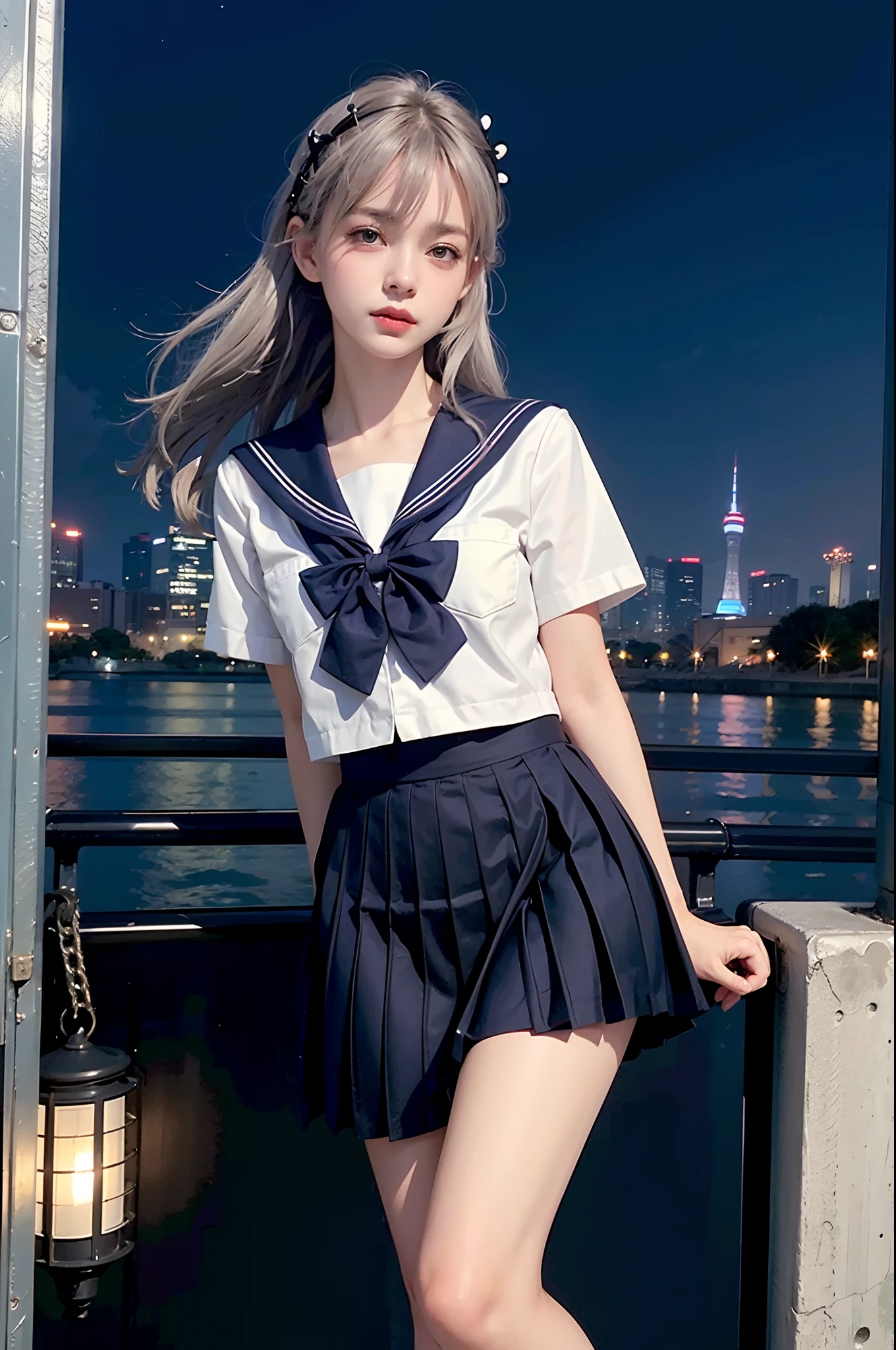 (8k, RAW photo, best quality, masterpiece:1.3),(realistic,photo-realistic:1.37),(night),(looking at viewer:1.331),(white hair),posing,Tokyo street,nightcityscape, cyberpunk city,soft light,1girl,extremely beautiful face,bust,put down hands,Random hairstyle,Random expression,big eyes, ,lower abdomen,(lshort-sleeved JK_sailor),JK_style,(dark blue JK_skirt) ,(bow JK_tie),mix4