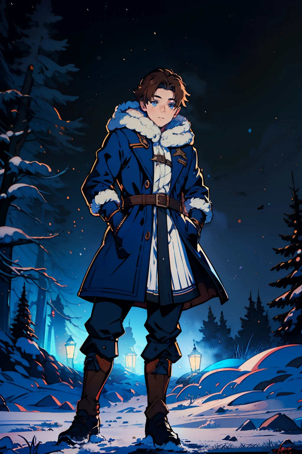 young boy, , final fantasy tatics art style, brown hair, blue eyes, wearing dark blue snow jacket, white fur on hood, in a military camp, snowy location, Night, lit by flashlight in background, Looking at Viewer, 4k,