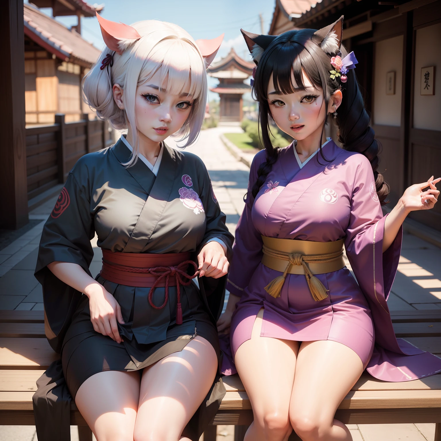 ((Focus on boobs)), (gigantic Boobs:1.2), (black tights:1.2), traditional beauty, Real Skin, gorgeous chinese model, draped in purple and blue silk, hairlong, purple hair, violet eyes, cat ears on top of head, soft, A fluffy, snowy, scenery