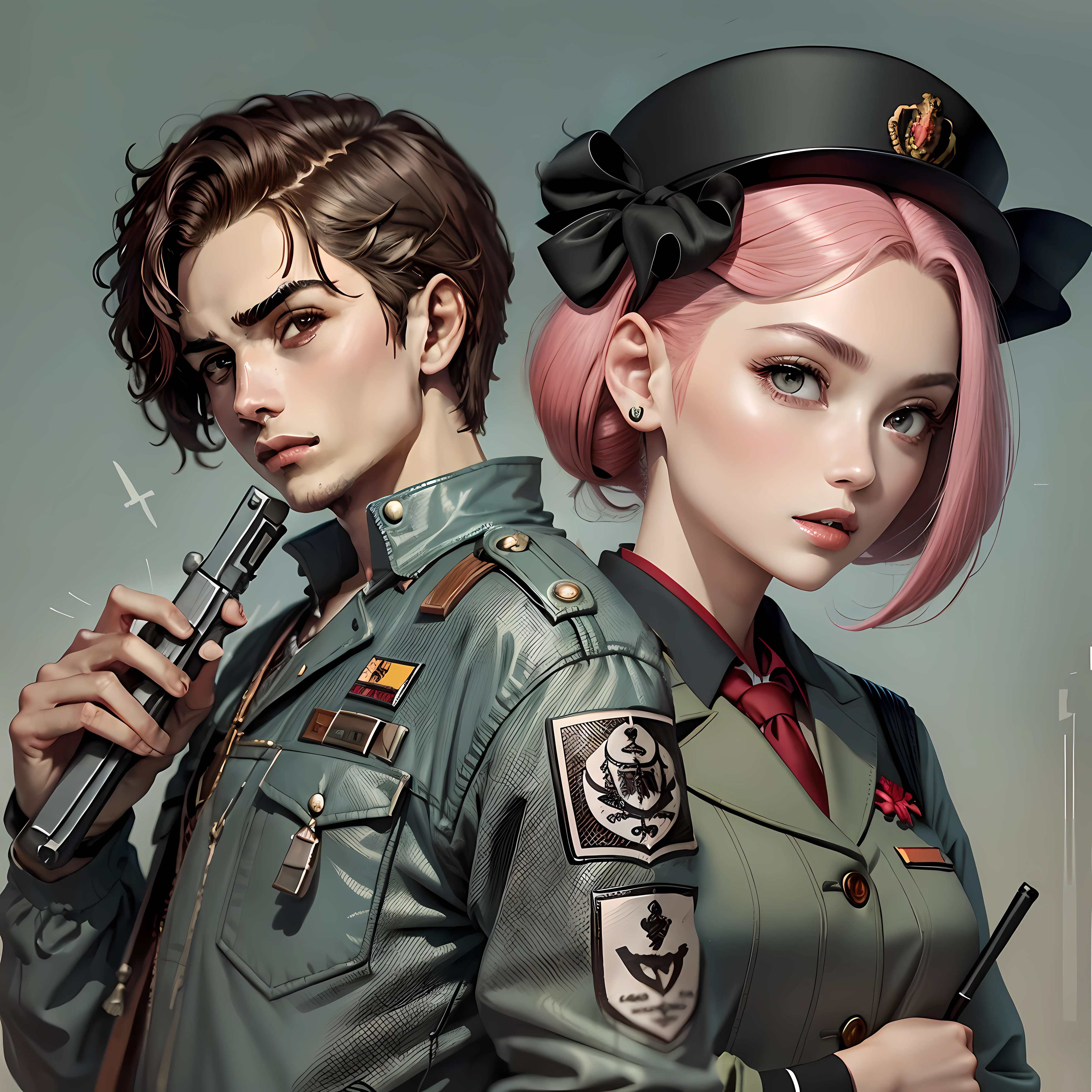 Sakura is a graceful young military woman with long shock-pink hair that falls in gentle waves up to her waist height. His eyes are big and luminous, de um tom profundo de verde esmeralda. She wears an elegant Japanese school uniform, com uma saia xadrez vermelha e preta, combinando com a gravata da mesma cor. She wears knee-high socks and black shoes with red ribbon ties.