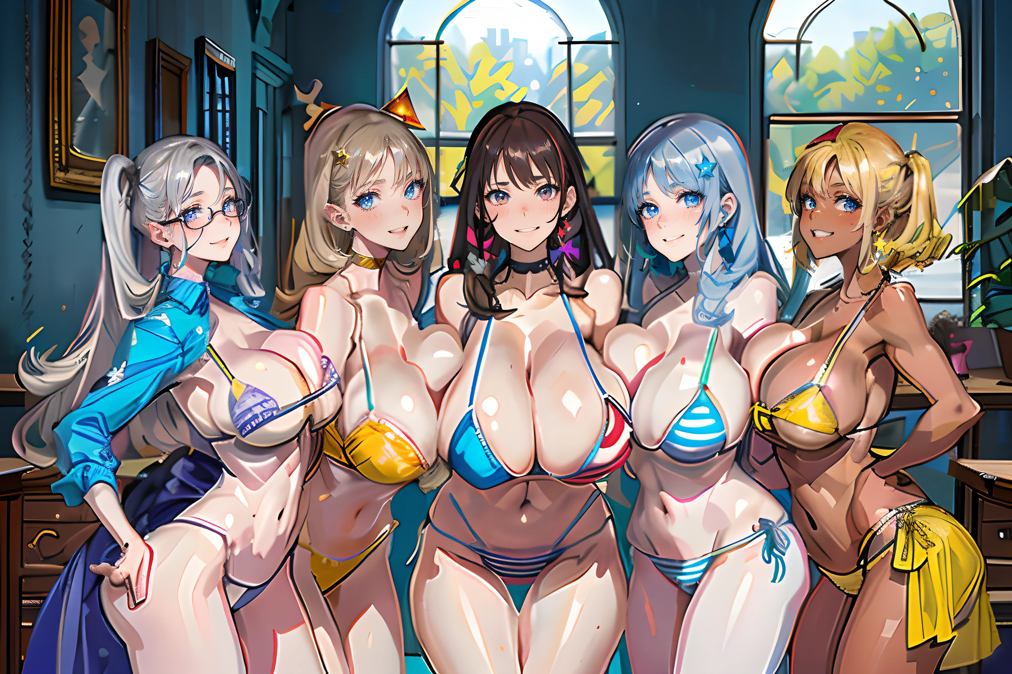 (Masterpiece), Maximum quality, (colourfull:1.1), (5 filles, Prise de vue en groupe:1.4), (corps mince:1.1), (HUGE:1.5), (dark skinned:1.1), (muscles:1.1), cheveux blonds, silver-haired, Twintails, seductive look, devant, (leaning forward:1.4), (ouvre la bouche, sourire heureux:1.1), (Wink:1.2), Signe de paix, (Bikini Stars and Stripes, microbikini:1.1), Tir de cowboy, (salle de classe:1.1)