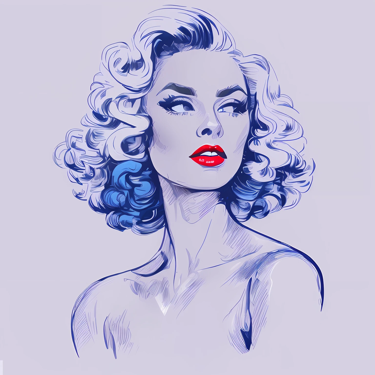 a drawing of a woman with a blue lipstick and curly hair, inspired by Alberto Vargas, in style of digital illustration, detailed face with red lips, vector style drawing, drawn in a noir style, by Jack Boul, by Joe Bowler, luxury fashion illustration, margot robbie portrait, by Evan Charlton, drawn in the style of mark arian, beautiful drawing style