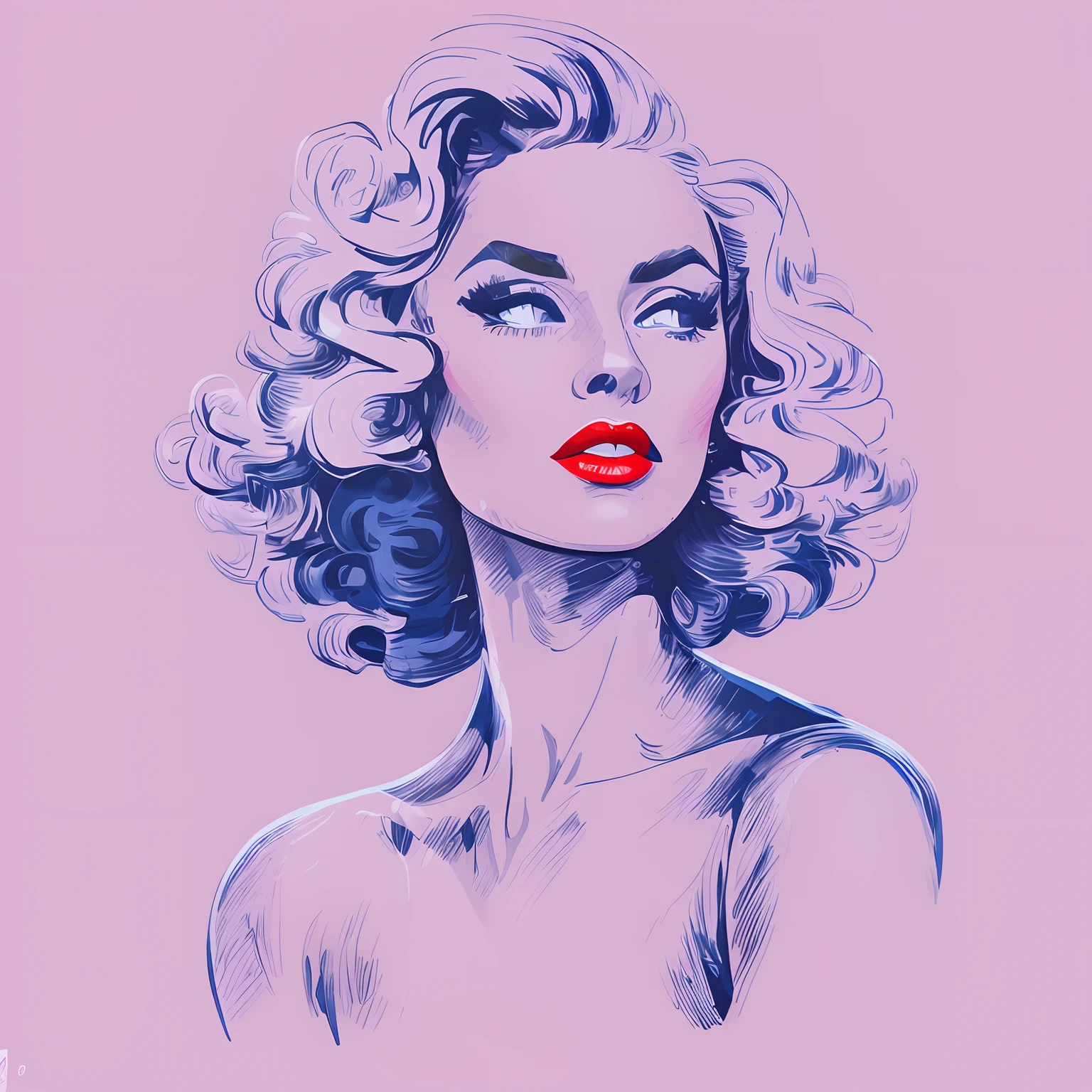 a drawing of a woman with a blue lipstick and curly hair, inspired by Alberto Vargas, in style of digital illustration, detailed face with red lips, vector style drawing, drawn in a noir style, by Jack Boul, by Joe Bowler, luxury fashion illustration, margot robbie portrait, by Evan Charlton, drawn in the style of mark arian, beautiful drawing style