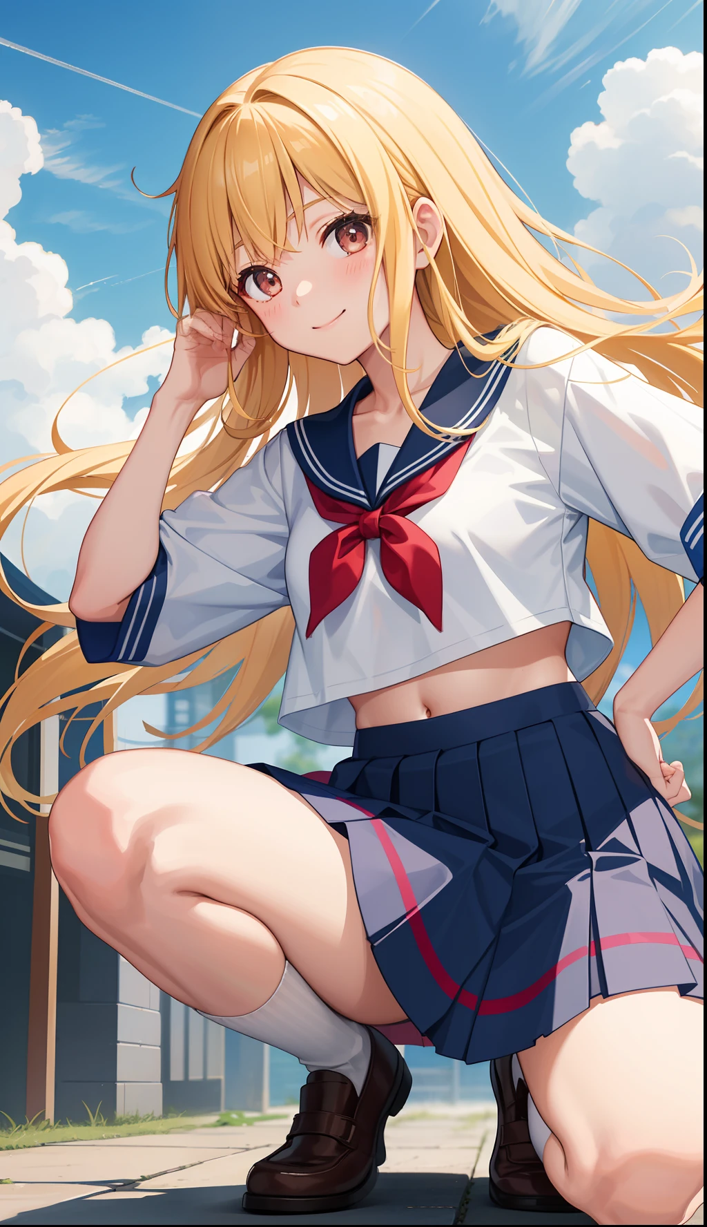 Nsfw1 girl、Laughter、shirt、Skirt、（Small Tits）Chirarizum、Japanese high 、serafuku、Summer clothes、（See-through bra）、Upper body portrait、Blonde、dynamism!!Running with the wind、Squatting bench、
