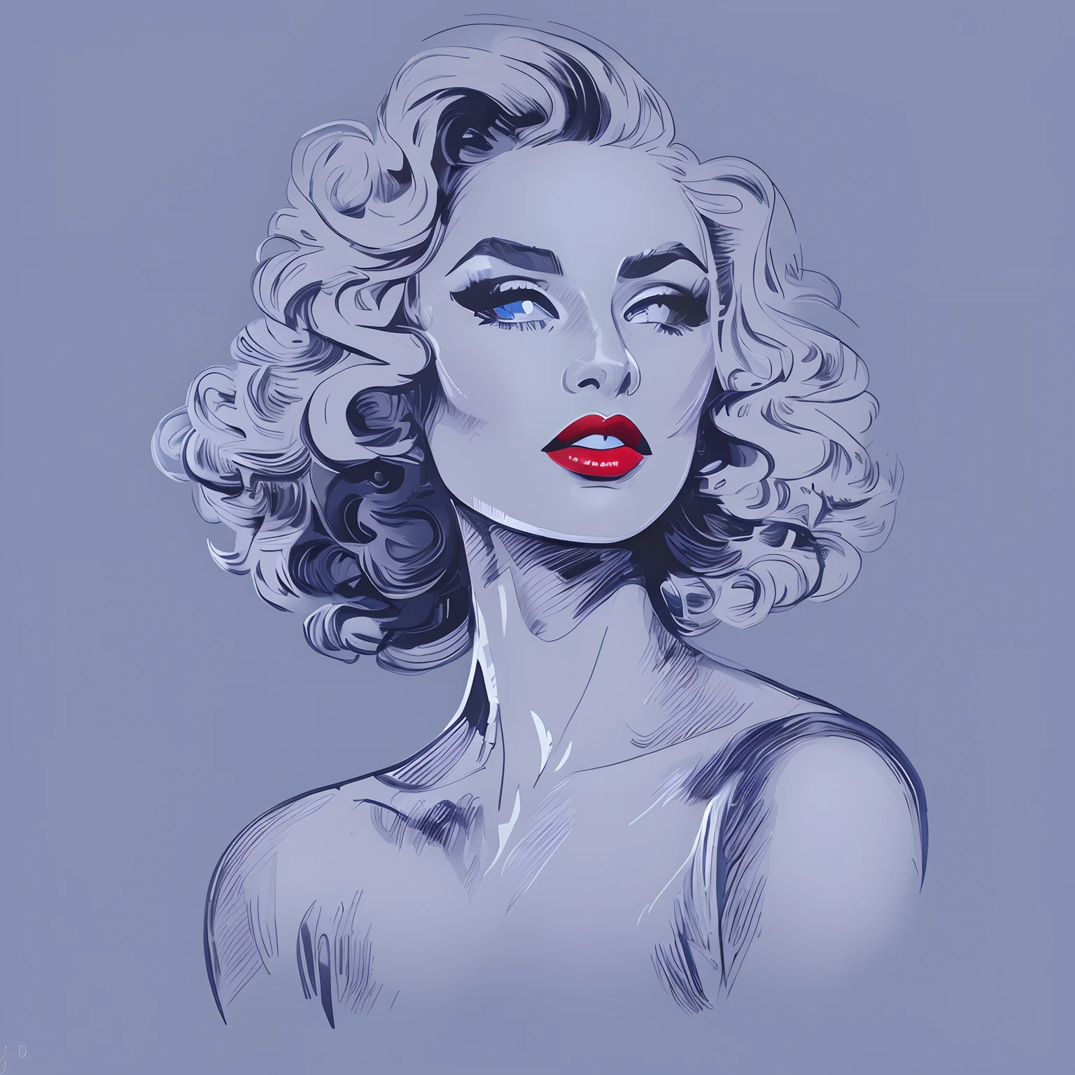 a drawing of a woman with a blue lipstick and curly hair, inspired by Alberto Vargas, in style of digital illustration, detailed face with red lips, vector style drawing, drawn in a noir style, by Jack Boul, by Joe Bowler, luxury fashion illustration, margot robbie portrait, by Evan Charlton, drawn in the style of mark arian, beautiful drawing style