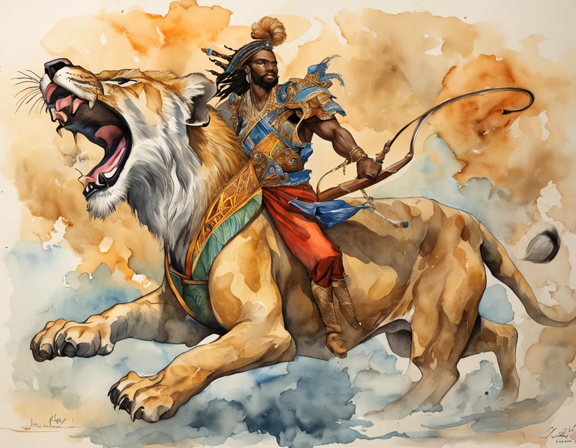 Image of man riding a lion on a tiger and having his rifle in his hand, in the style of Afrofuturistic inspiration,
carmesim claro e branco, retratos realistas hiper-detalhados, naja, colorful storytelling, Esculpido, medieval
fantasia