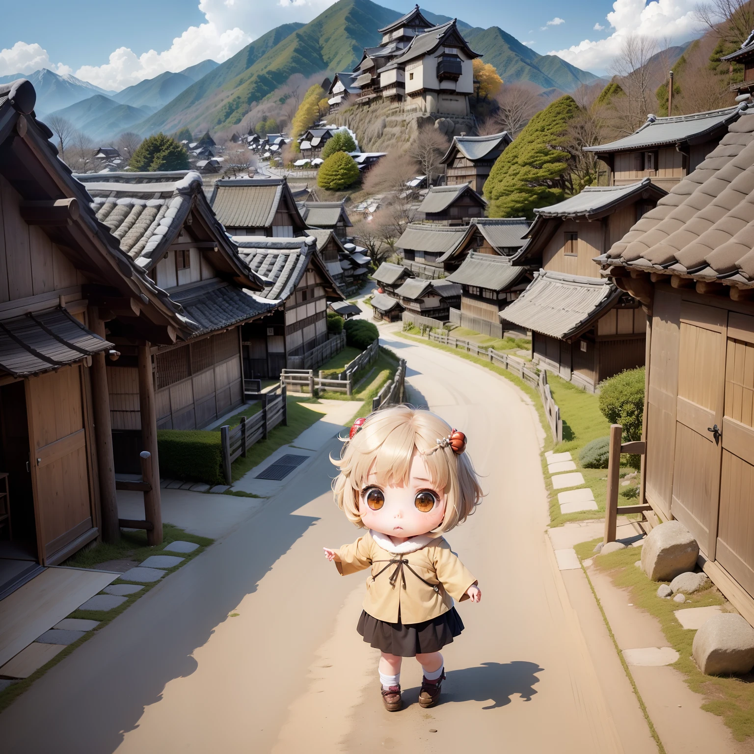 (Cute Baby Chibi Anime:1.2),Beige Fluffy Short Bob, Travel style,(The gassho-style village of Shirakawa-go and Gokayama:1.3).