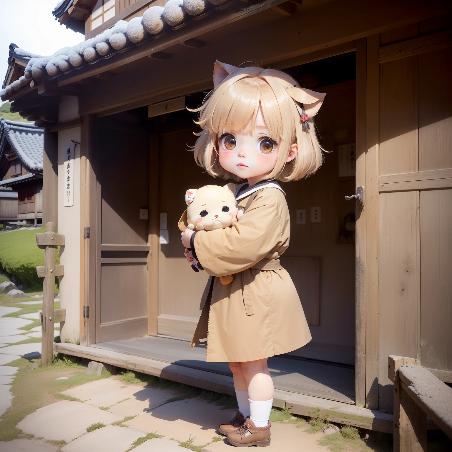 (Cute Chibi Anime:1.2),Beige Fluffy Short Bob, Travel style,(The gassho-style village of Shirakawa-go and Gokayama:1.3).