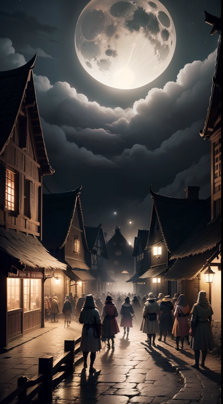 angry villagers gather in the center of town, it's night time, dark, fog, full moon,1600s