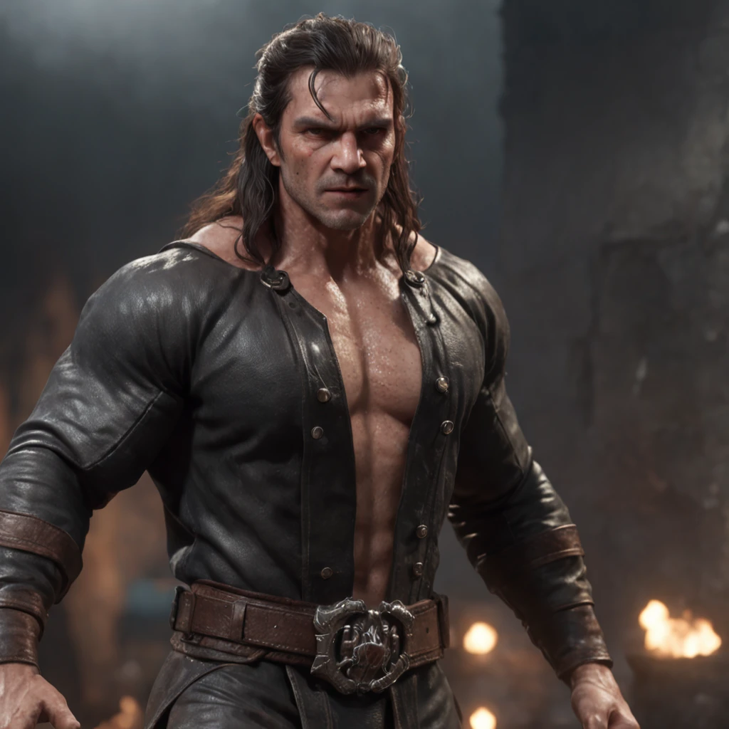 Award Winning Original Photo, Brutal Muscle Man, (40 Years Old, Father: 1.1), Single Boy, Solo, (Sleeveless Sword Style Armor), (Black Pants), (Big Shoulders), Muscles, Big Stomach, Big Chest , no shirt, light chest hair, thick body, broad body, prominent chest, visible upper part, no equipment, slightly thick face, slightly white facial hair, light whiskers, short beard, beautiful eyes: 1.3, (detailed face : 1.3), Angry Face, Dynamic Angle, Volumetric Lighting, (Best Quality, HD, Realistic), Cinematic Lighting, Masterpiece, RAW Photo, Complex Detail, HDR, Depth of Field, Upper Body Shot, Kingdom Background