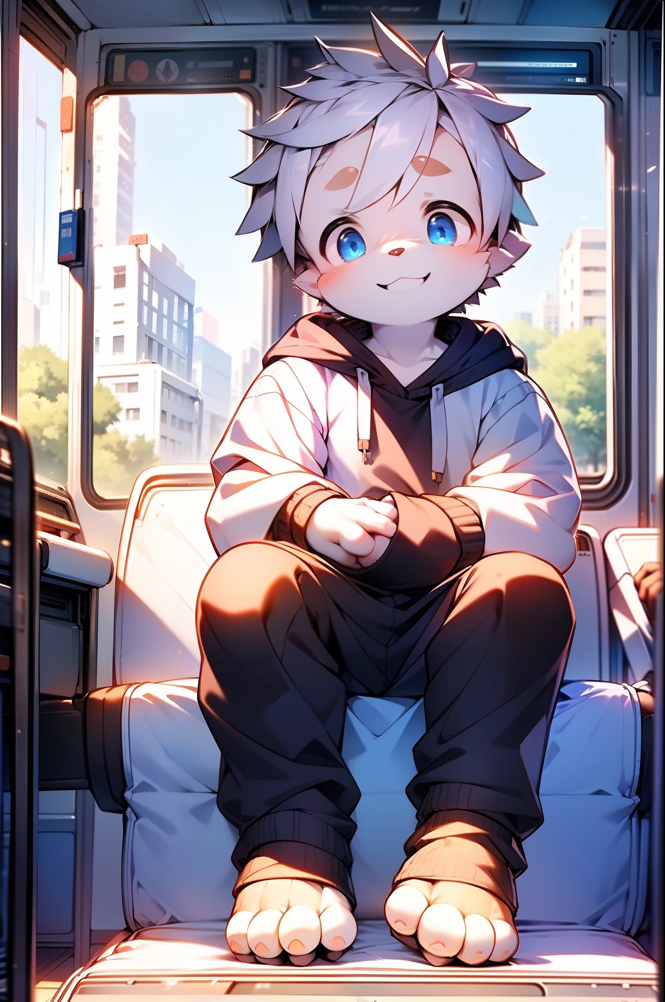 Masterpiece, chubby Little boy with white hair and shiny bright blue eyes and barefoot wearing a hoodie, and oversized sweatpants sitting in a train, young, boy, child, small, toddler, soft light, (sweatpants:1.4), (Boy:1.4), (Shota:1.4), (Young:1.4), (Male:1.4), (smiling:1.4), (foot:1.4), (shy:1.4),