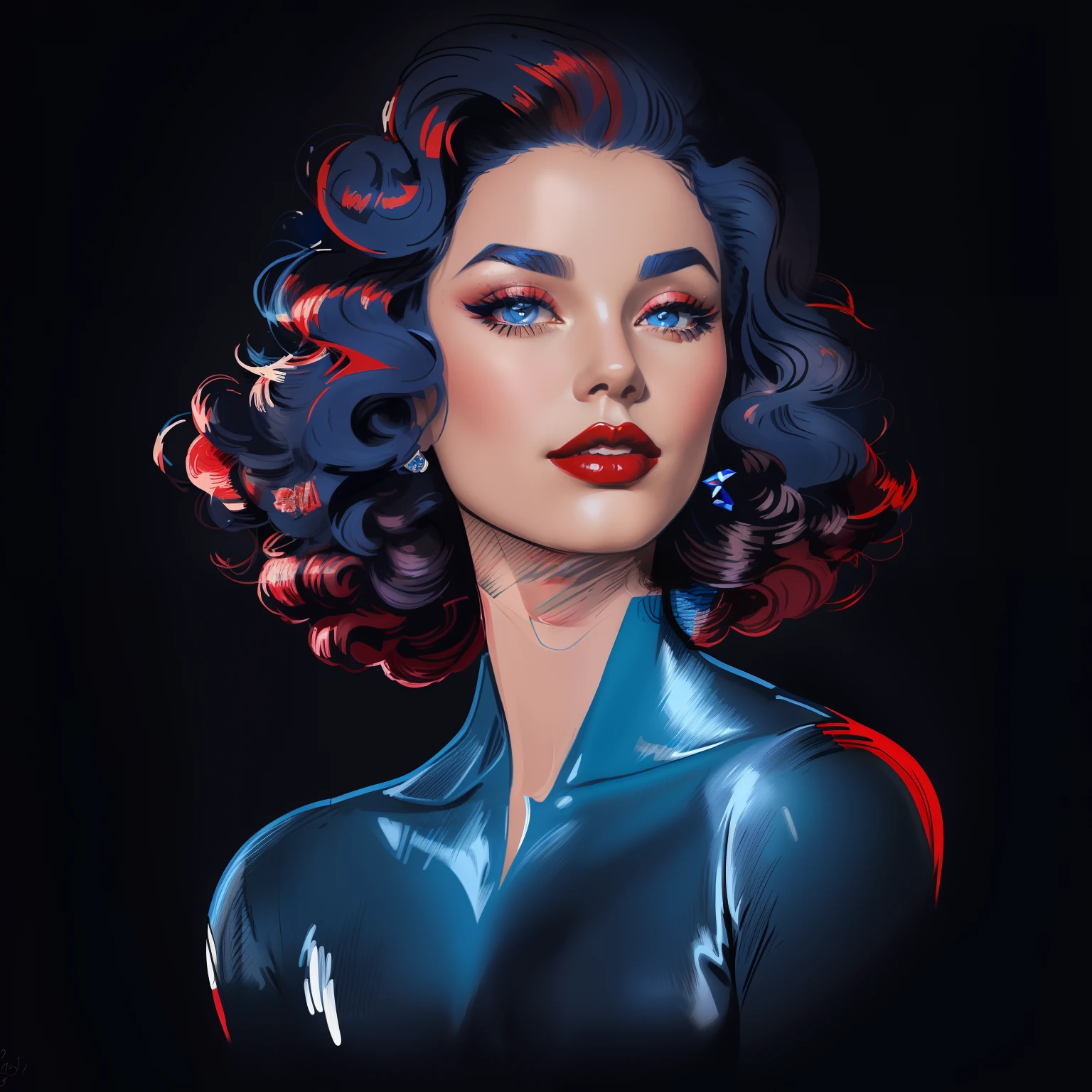 Blue lipstick, a drawing of a woman with a red lipstick and curly hair, inspired by Alberto Vargas, in style of digital illustration, detailed face with red lips, vector style drawing, drawn in a noir style, by Jack Boul, by Joe Bowler, luxury fashion illustration, margot robbie portrait, by Evan Charlton, beautiful drawing style, drawn in the style of mark arian
