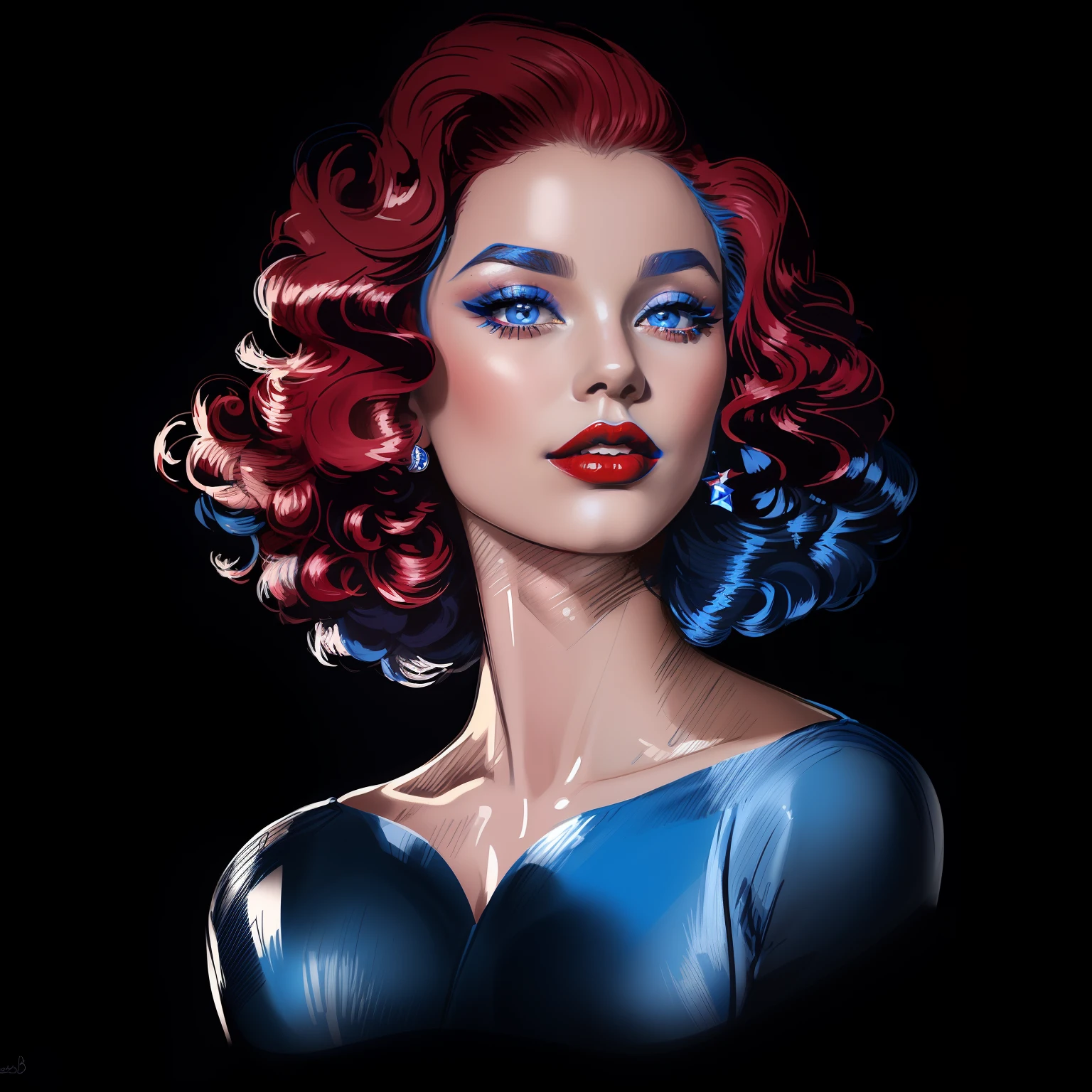 Blue lipstick, a drawing of a woman with a red lipstick and curly hair, inspired by Alberto Vargas, in style of digital illustration, detailed face with red lips, vector style drawing, drawn in a noir style, by Jack Boul, by Joe Bowler, luxury fashion illustration, margot robbie portrait, by Evan Charlton, beautiful drawing style, drawn in the style of mark arian