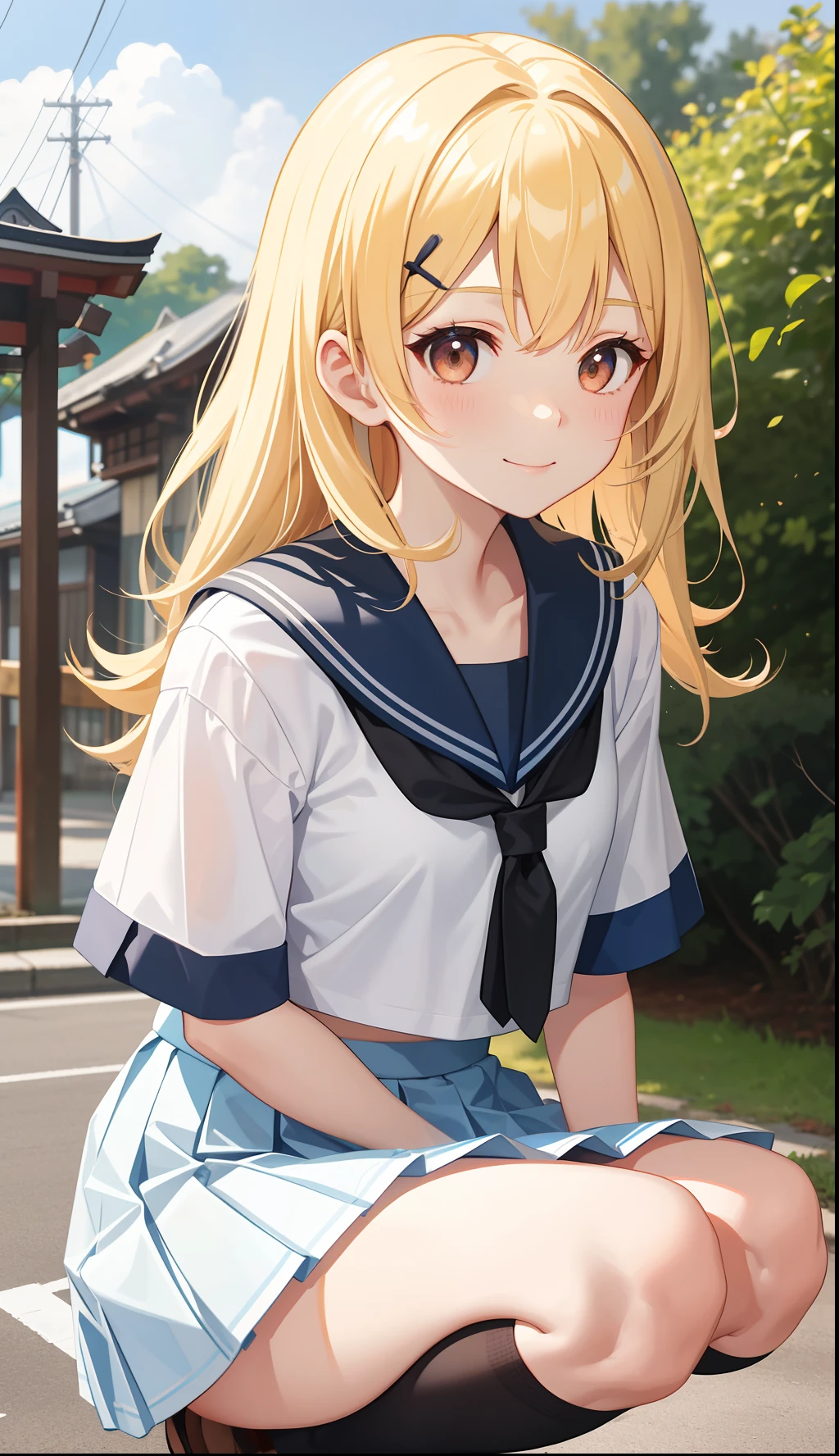 1girl in、A smile、The shirt、skirt by the、(small tits)Chilarism、Japan High School Student Uniform、serafuku、summer clothing、(Sheer Bra)、Upper body portrait、blonde hair、Dynamism!!Running with the wind、Squatting panchira、plaid skirts、White skirt、