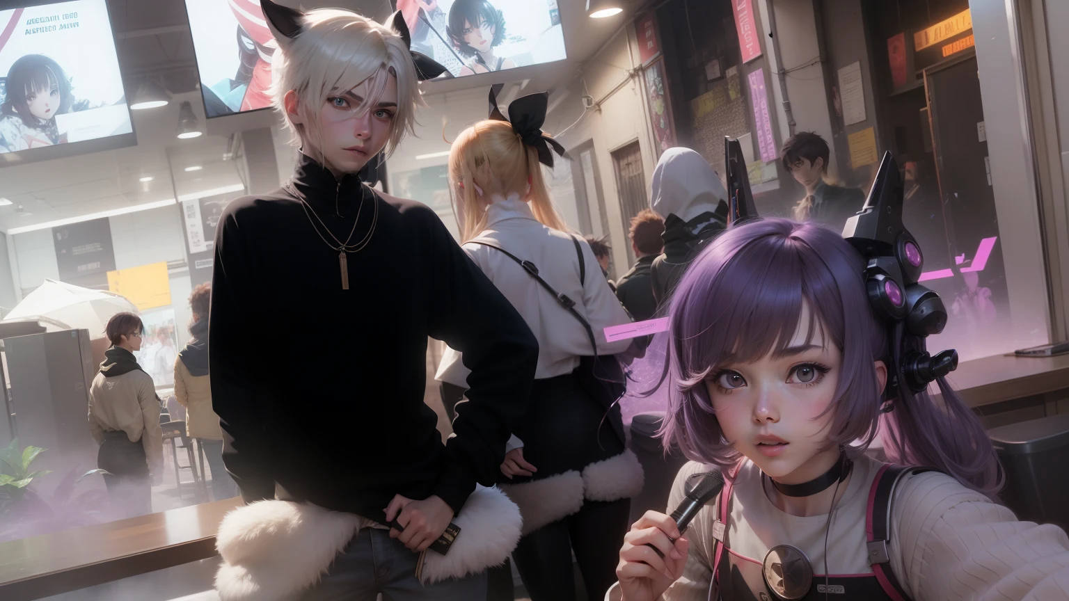 Anime, Cyber background, 4 freinds, all facing camera