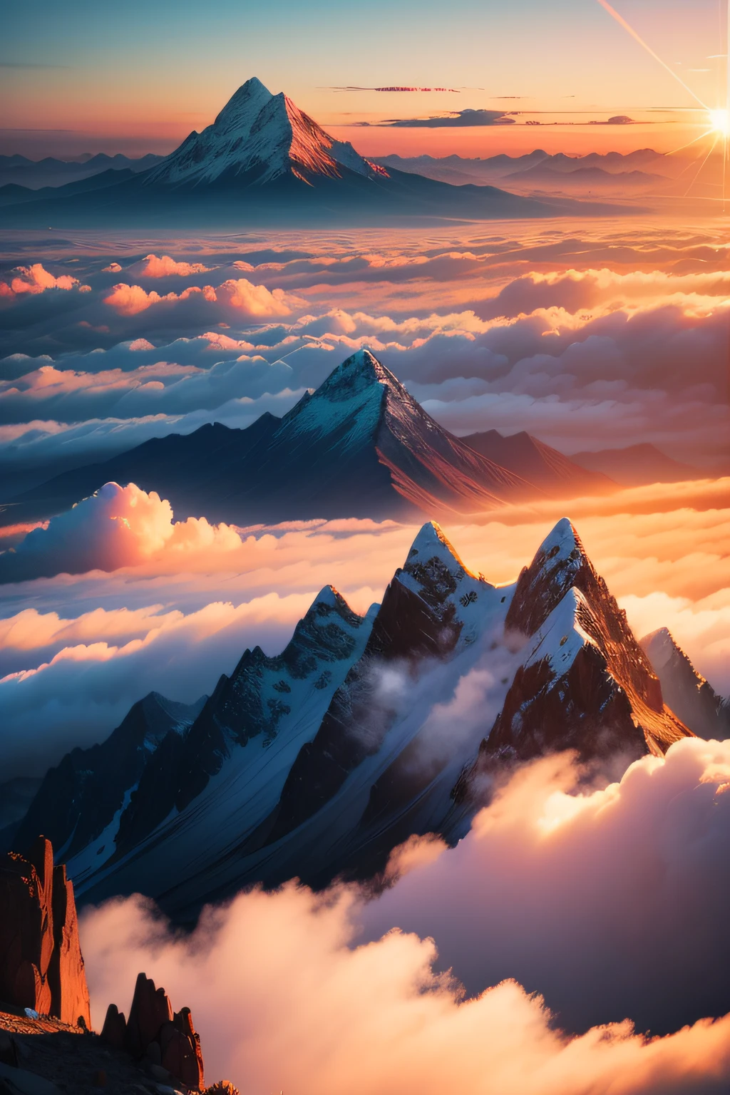 sunraise,Sea of Clouds,Mountain tops,Back Shadow,view from long distance,realisticlying,plethora of colors,Gorgeous and colorful,wide wide shot,positive,natural style,hdr shot