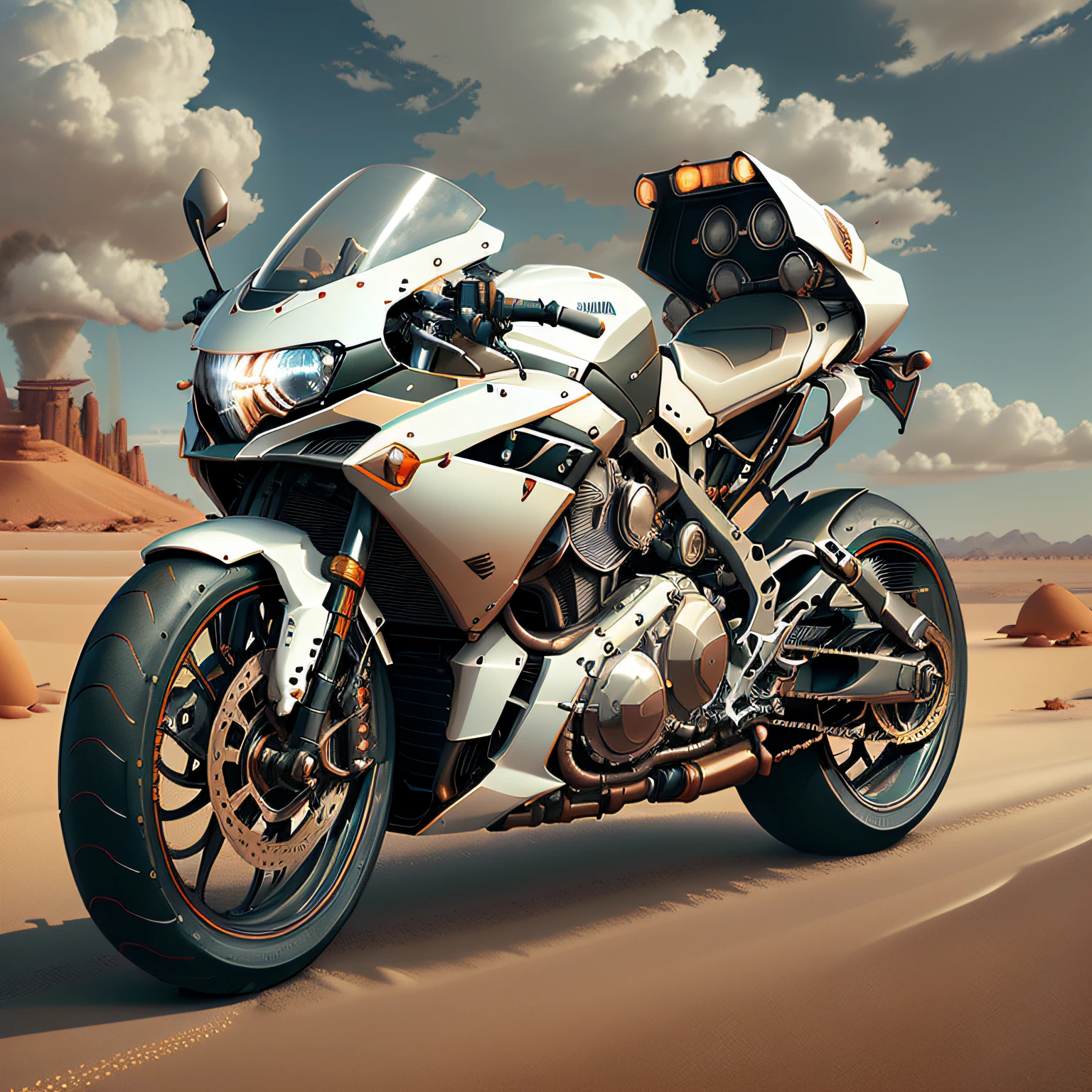 futuristic hayabusa motorcycle in a desert landscape, motorcycle in white color, single object, contoured shading, cinematic, high resolution, perfect, cinematic, sharp details, symmetry