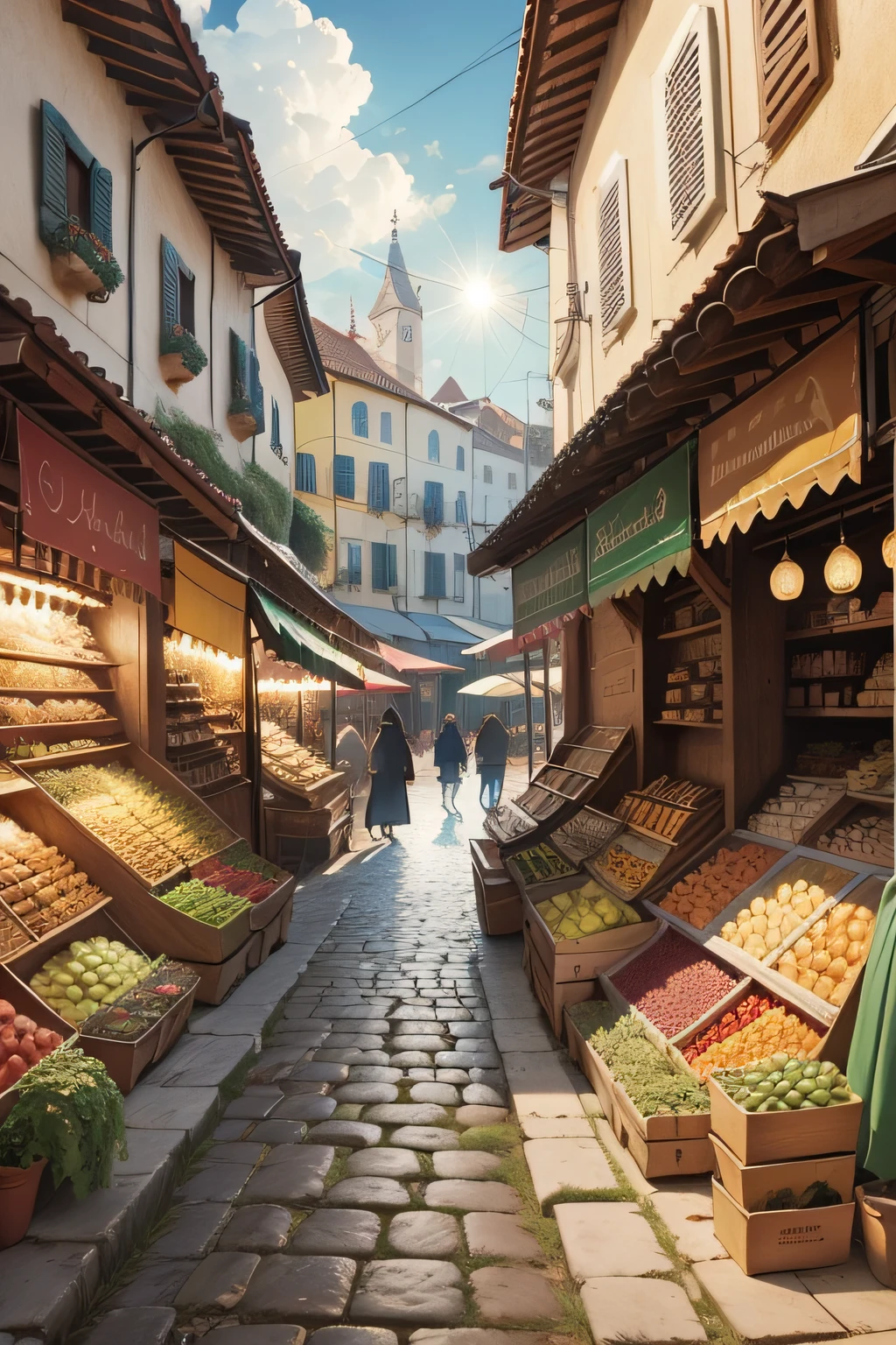 guida medieval de mercado, corredor, pessoal, medieval, feira, fonte no meio, elf's, lugar magico, criativo, detalhado, mais cartoonesco, 4k, sun refusal;