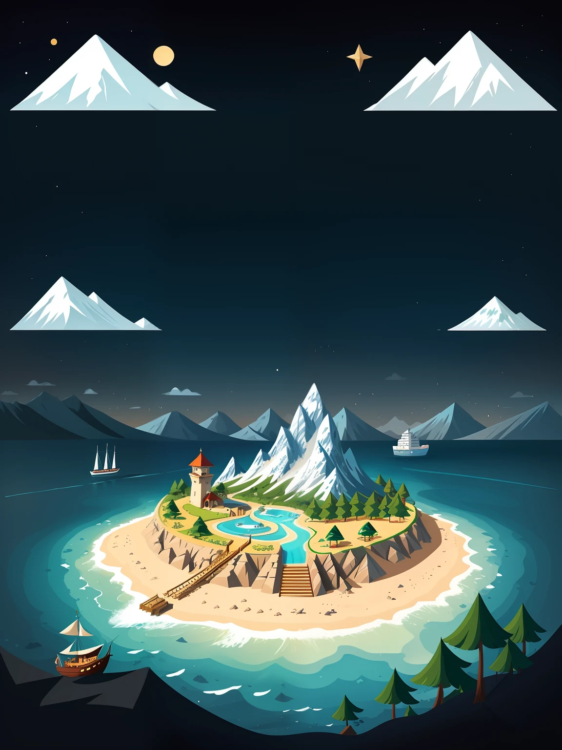 2D illustration with cartoon style treasure map theme, Vista superior do mapa, destacando detalhes do desenho, Art style with striking strokes and vivid colors, Treasure map shows an imaginary island with mountains, florestas e mares, Um caminho divertido e sinuoso marca a rota do tesouro, X marks the place where the treasure is hidden, The location of the treasure is underlined by a stylized image of a glacier, The glacier is shown with shades of blue and white, com detalhes de rachaduras e texturas, Elements of adventure are present, como coqueiros, a treasure chest and a miniature pirate ship, Background includes marine and sky elements, complementando a atmosfera de descoberta.