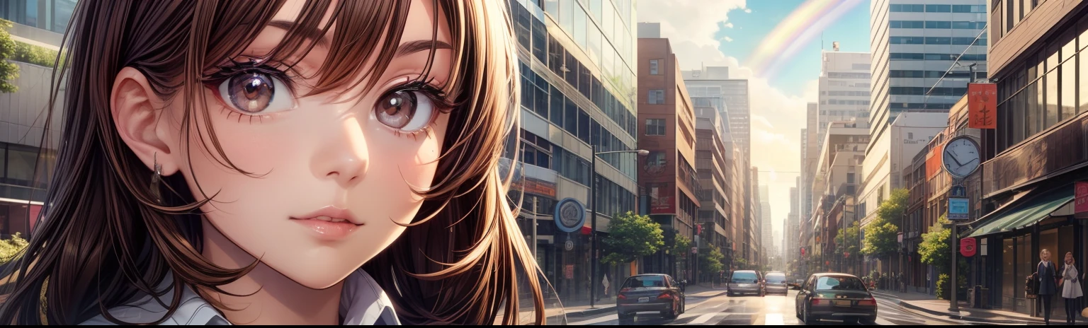 Best Quality, masutepiece, beautiful mature women、Beautiful face、Strong-minded woman、Office Suits、brown haired、Brown-eyed、Medium Hair、s Office、Downtown、early evening、Undersized eyes、Looking up at the rainbow、look up sky