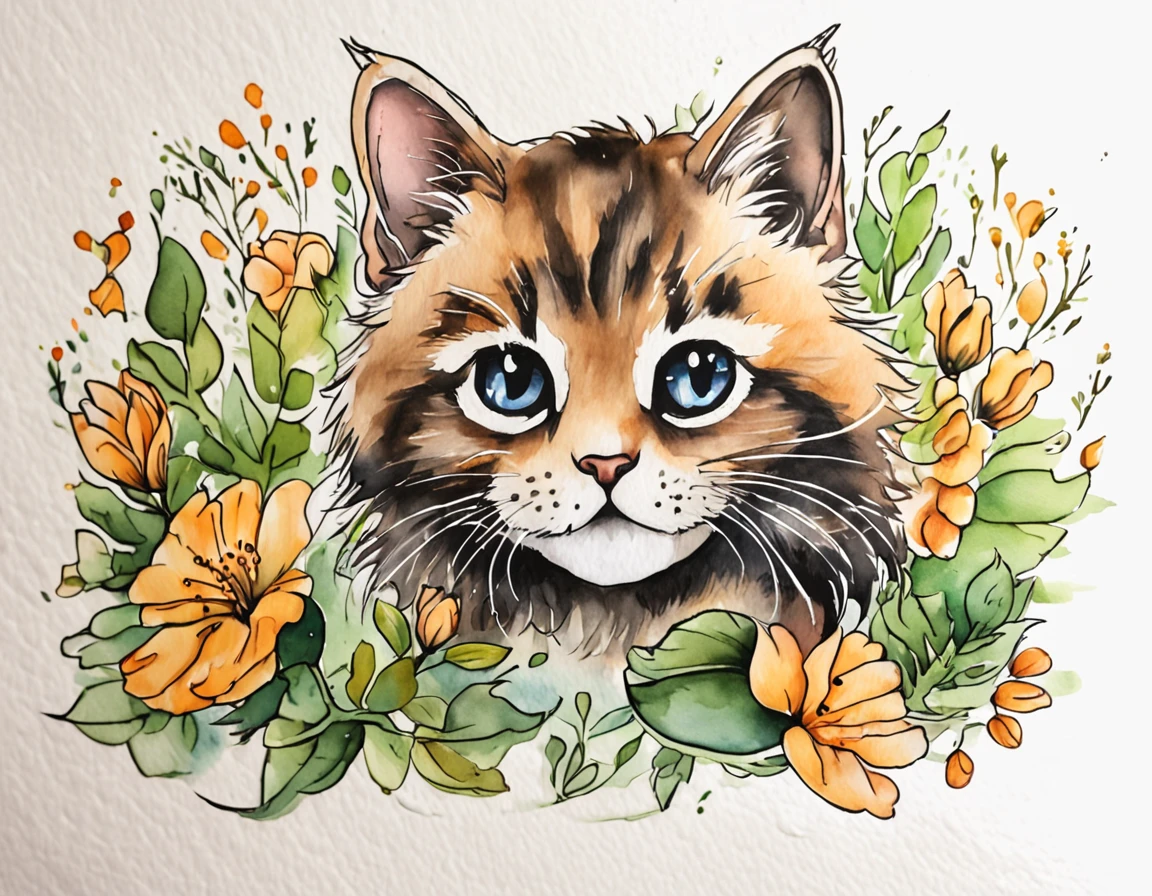 , Kitten illustration for a sticker with a black background, in bold outline style, jagged edges, trashcore, light shading