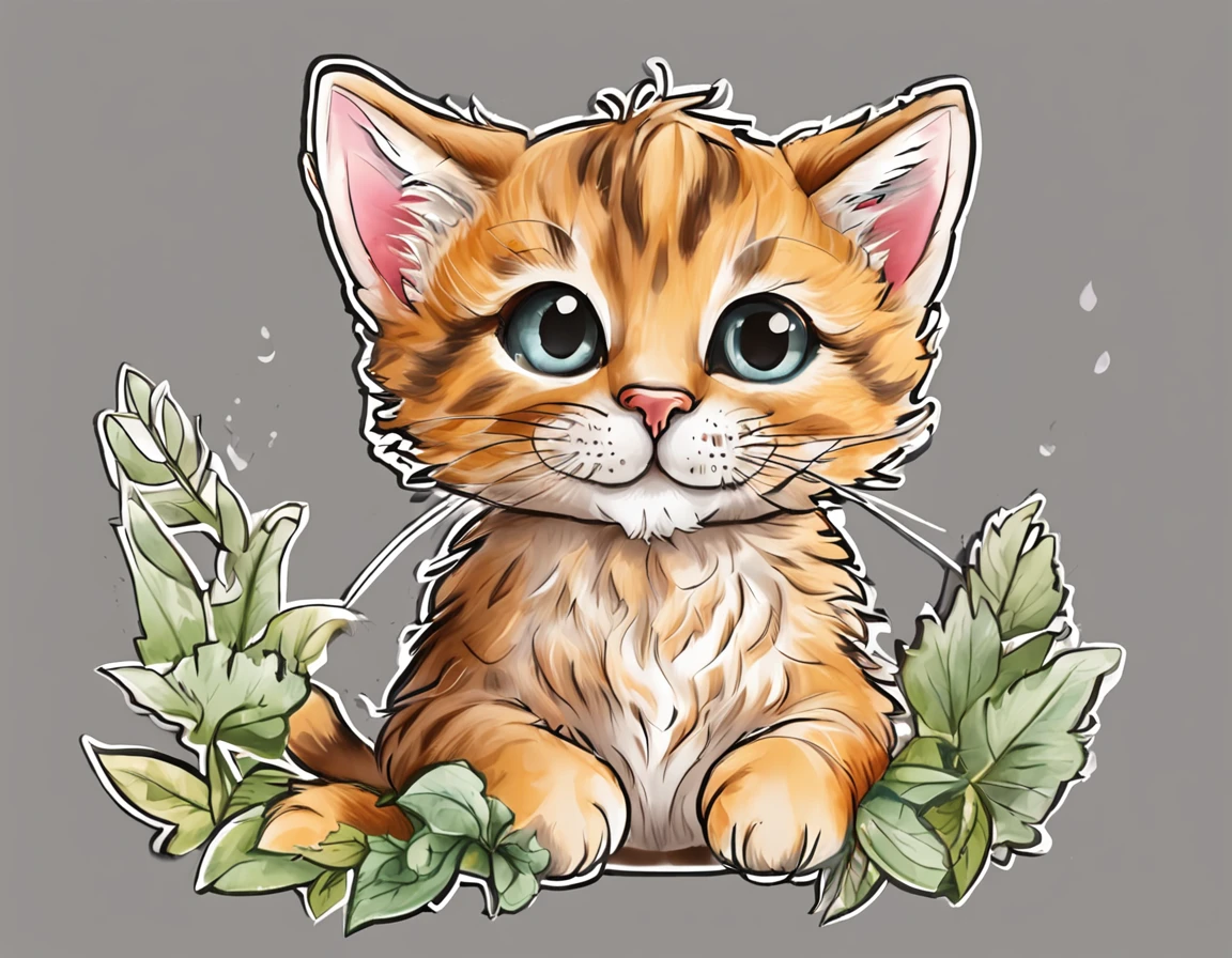 , Kitten illustration for a sticker with a black background, in bold outline style, jagged edges, trashcore, light shading