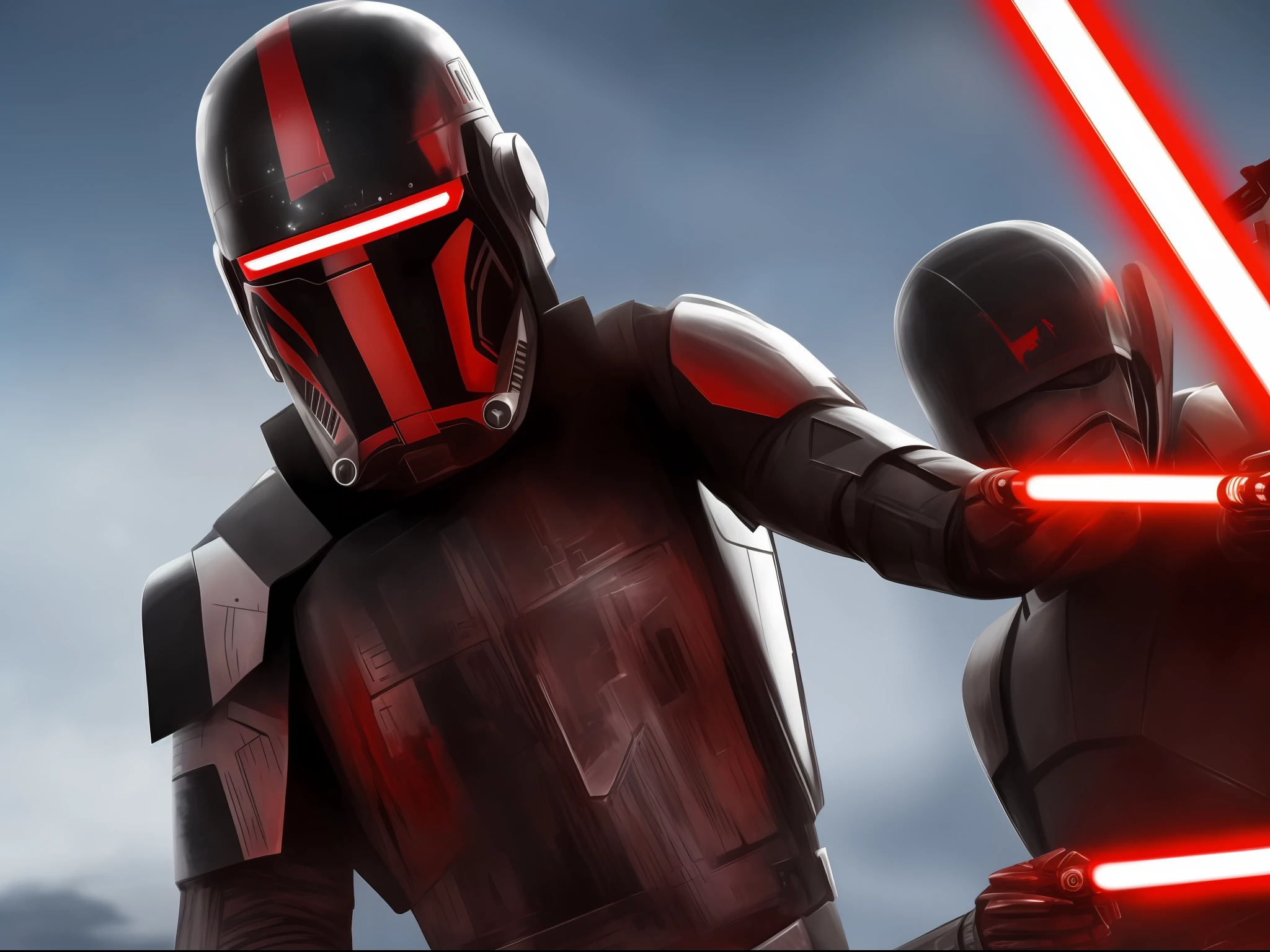star wars,sith lord,savage, alien cyborg, warpaint tattoos all over body,holding red lightsaber, wearing light combat armour, useing force power, against strom tropper