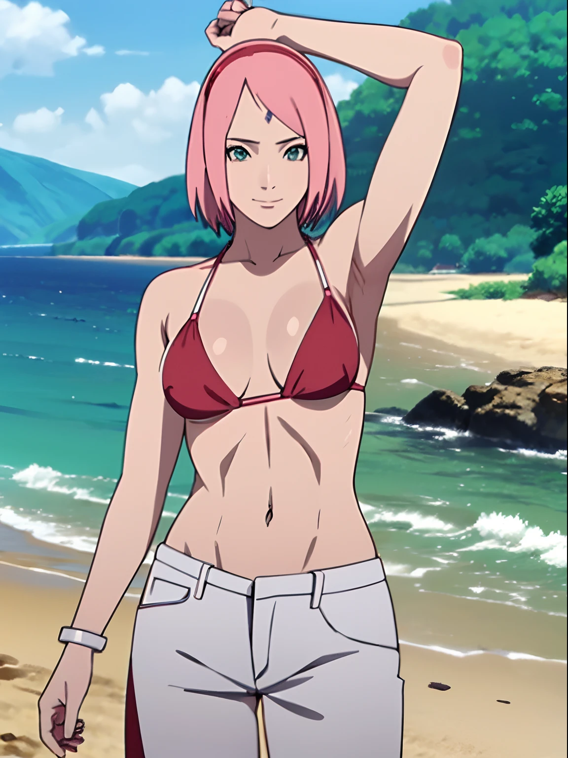 masterpiece, 4k, portrait, cowboy shot, professional artwork, detailed beach background, intricate details, colorful, digital blending, (ultra detailed body, ultra detail hair, ultra detail face), trending on pixiv, kind smile, best quality, anime style: 1.9, 1girl, hires, haruno sakura, (forehead mark, milf, red hairband, pale skin, small breasts, short hair, ((bare neck, red (micro) bikini top, (bikini top only)), white pants), (navel, belly button, bracelet, pink hair, closed mouth, big eyes), smile, beach, wind, floating hair, detailed arms, off-shoulders, broad shoulders, (slightly muscular arms, slightly strong biceps), (dirty armpits, armpit pocket), standing)