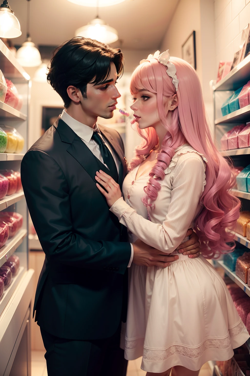 Man in suit kissing man with feminine face wearing a cute dress and a women's wig at a candy store at night