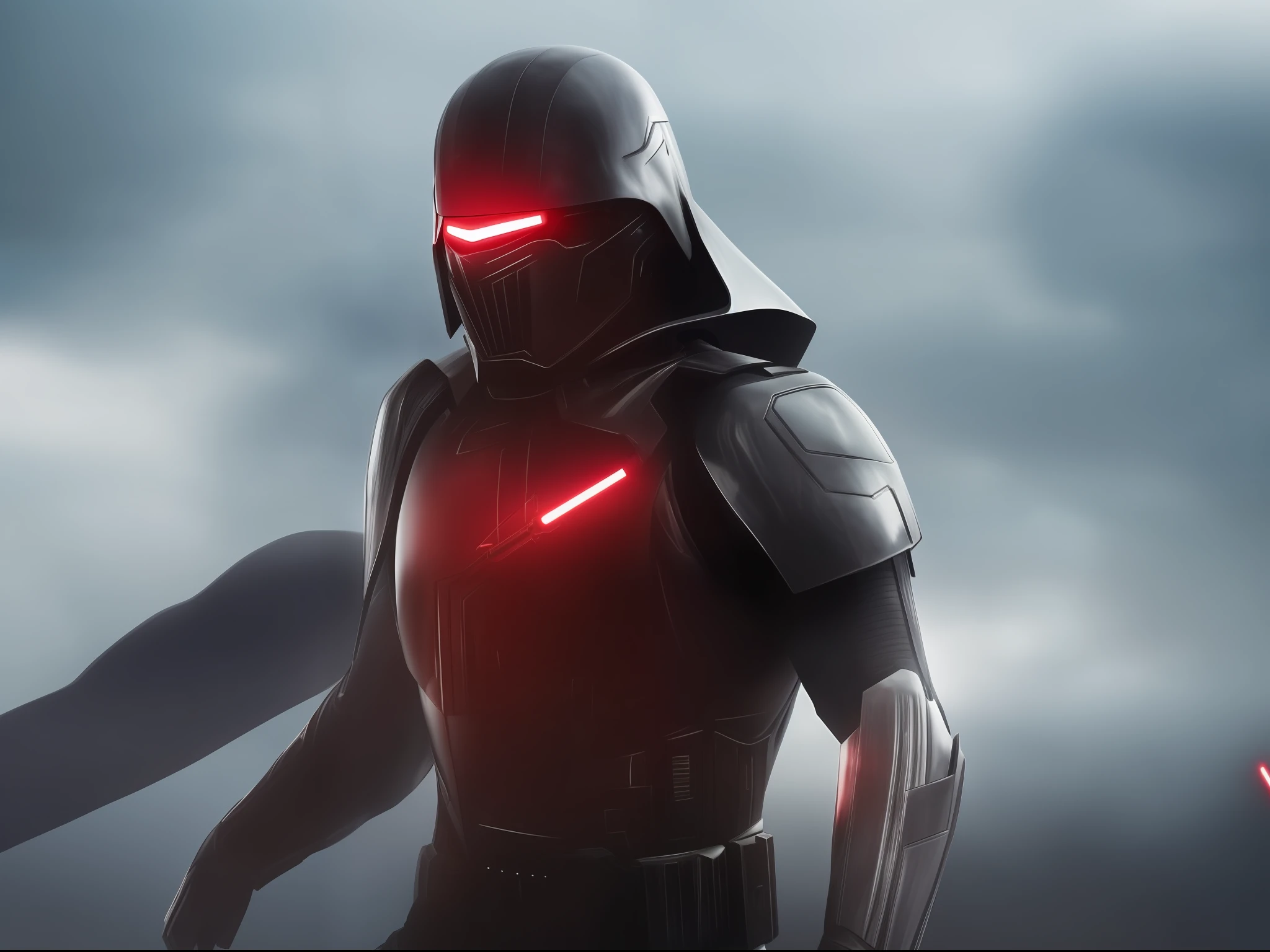 Masterpiece, high-quality, 8k, HD, cinematic lighting, 1boy, black armor, red ornaments, black helmet, Combat helmet, atmospheric, sith, evil, star wars, futuristic armor, red lightning, dynamic angle, dynamic pose, best quality, detailed body, detailed armor, detailed background, belt, dead forest, bleak,Strange head,silhouette, light particles, cloak,