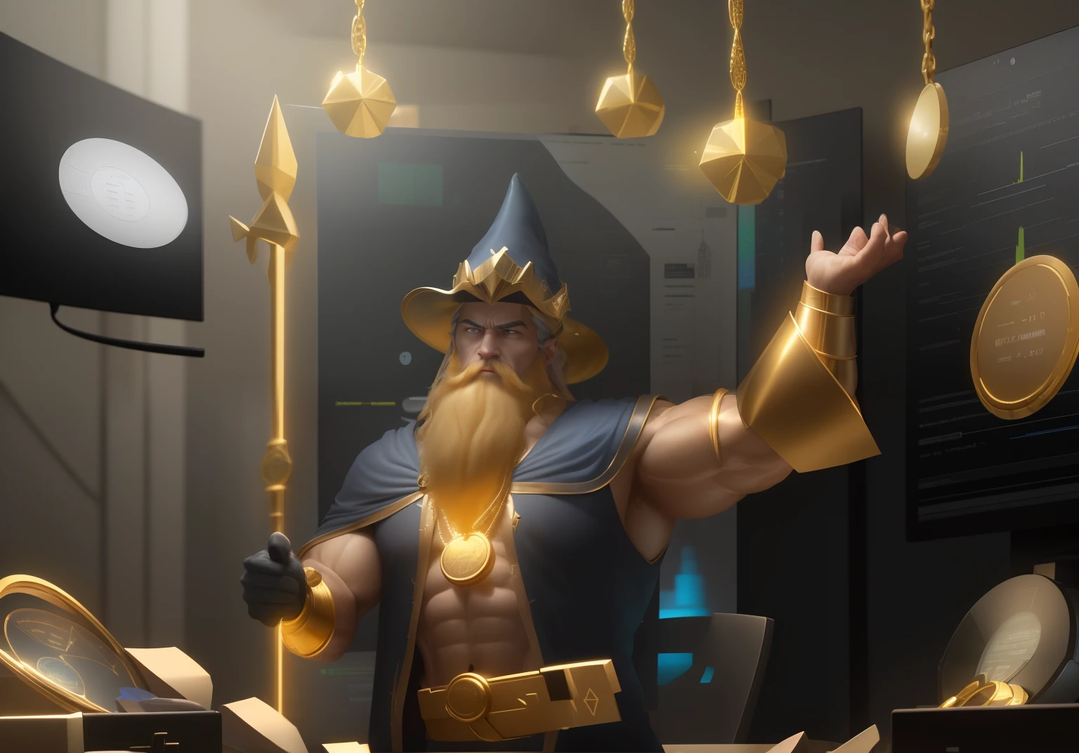 Perfectly in ultra realisation and advanced definition in hd 4k redo this image of the muscular wizard analyzing a super perfect financial computer make riches in the image lots of gold and shiny jewelry with the best cinematic quality add diamond effects and bags of money in large amount all this to perfection do everything extremely perfect in the scenery in the same image put a high generation computer and on the screen of this compudador show a GRAPHIC of Financial market in real super definition