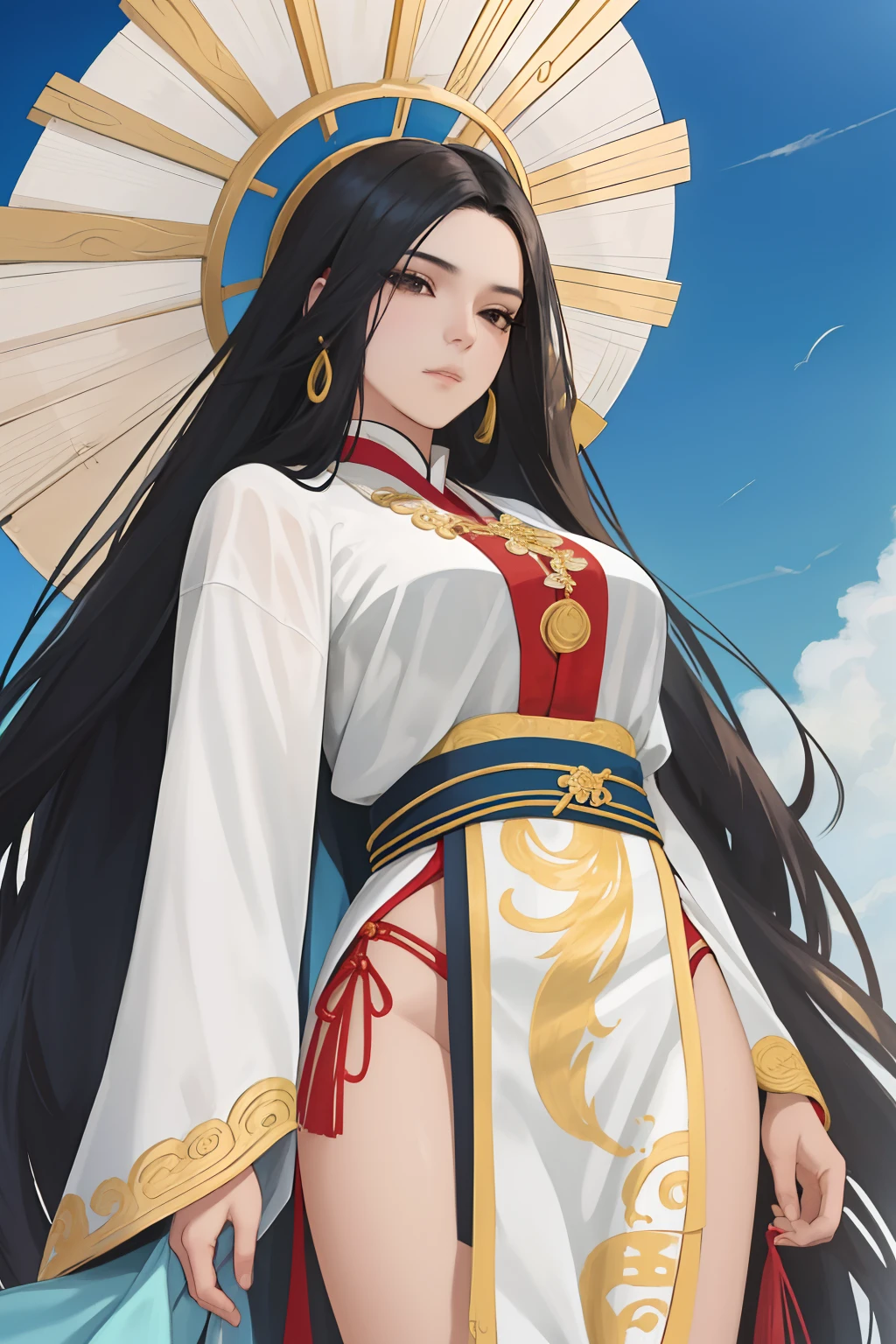 NSFW, obra-prima, melhor qualidade, ultra-detalhado, semi-realista, detailedfacialfeatures, 3 mulher,deidade marcial,Mulher usando roupa ancestral Hunfa wuxia,princesa Celestial,Deusa,cabelos longos da cor branca,olhos negros fascinantes,seios grandes,muito bonita,voluptuosa mulher,sexy,belicosa,poderosa,imposing and haughty in a leadership position in the Heavenly Heaven Sect