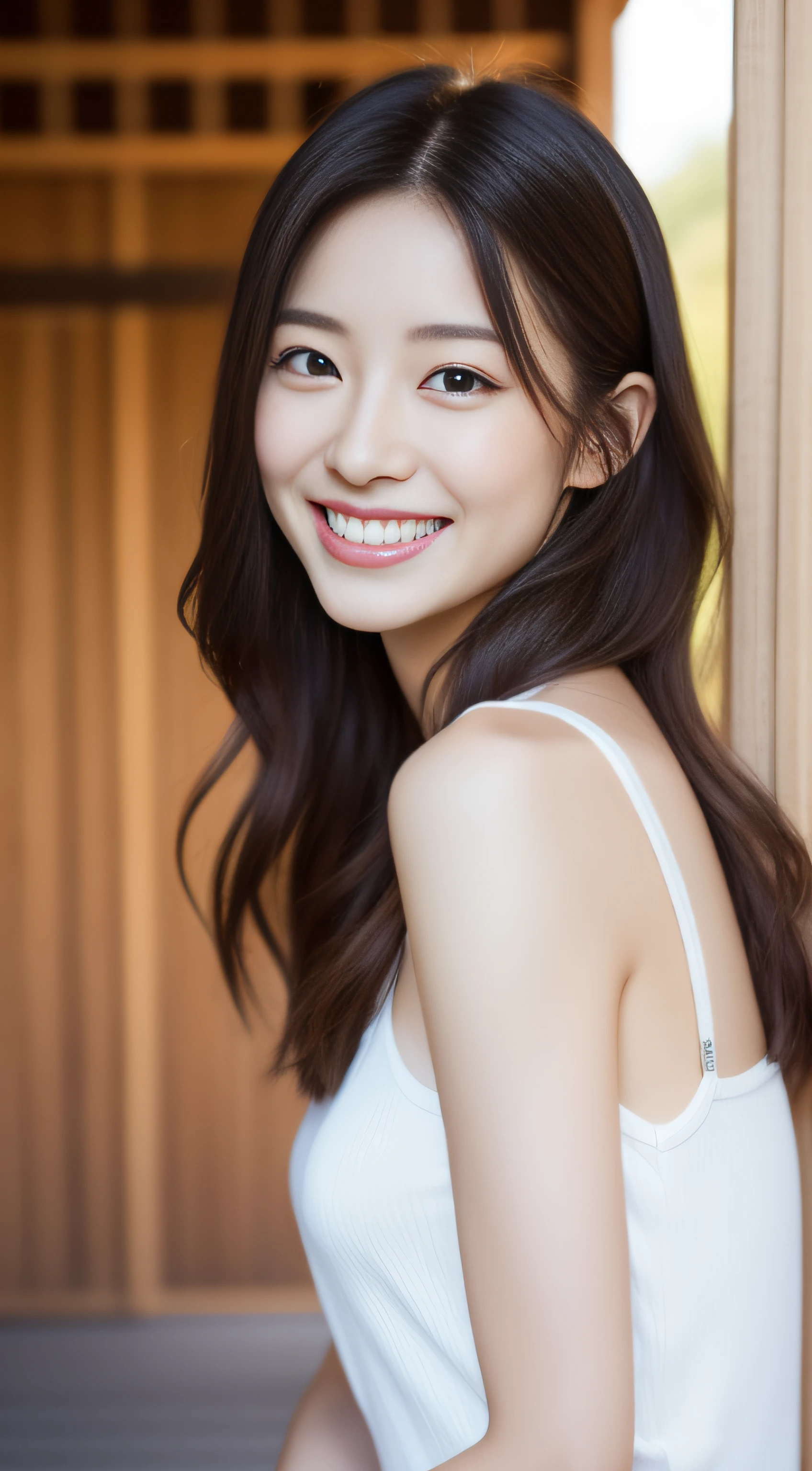 25-year-old girl, smiling, closeup shot,