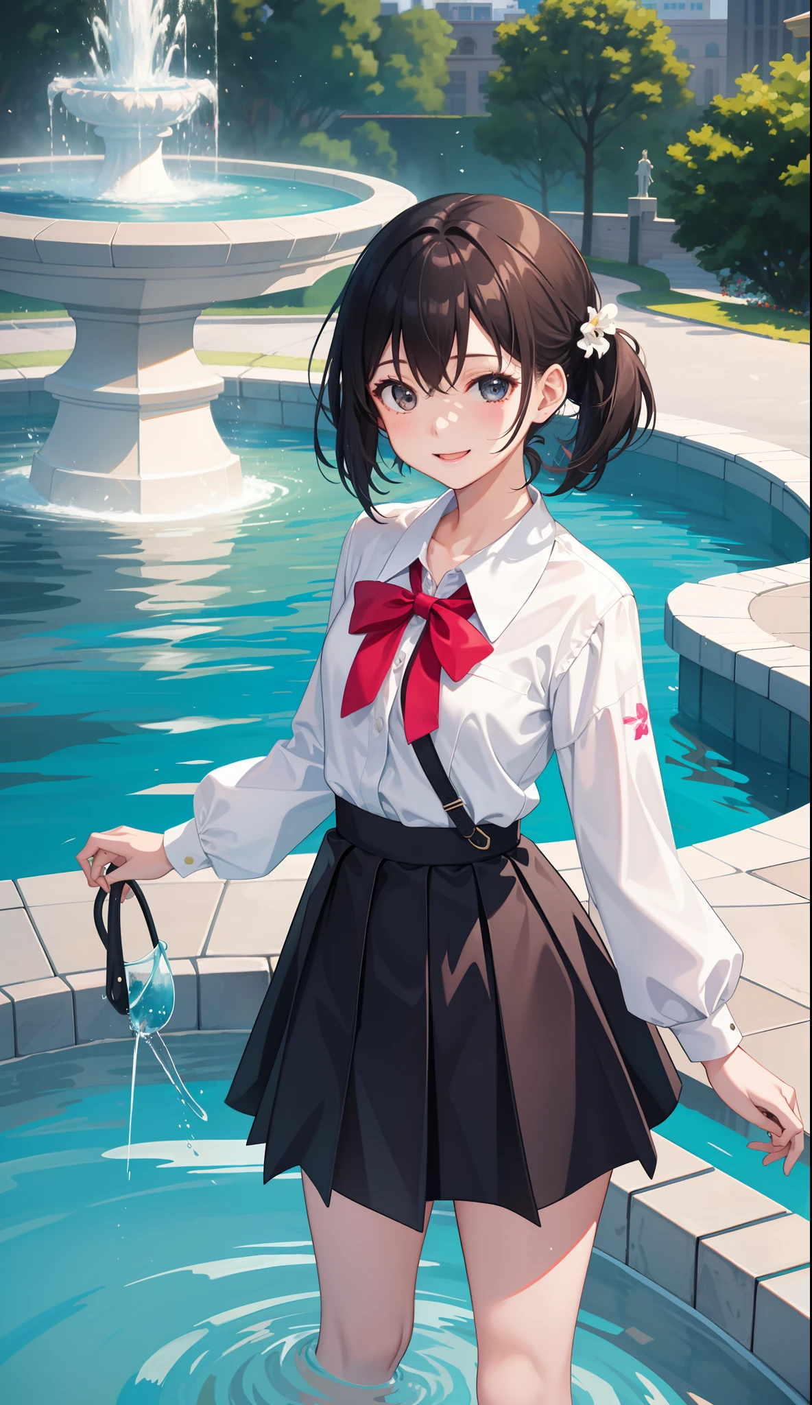 1girl in、A smile、A delightful!　The shirt、skirt by the、Fountains in the park、Play with、Splash、（small tits）