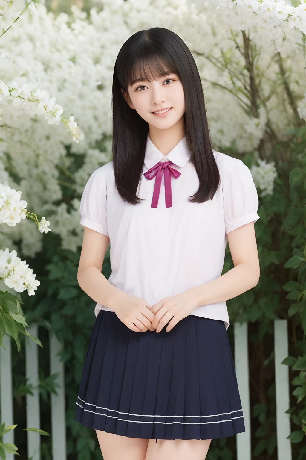 masterpiece, best quality, 1girl, nogizaka_costume, cowboy shot, thighs, beautiful girl, flowers, many small petals, garden, blue sky, looking at viewer, small waist, official art, raw photo, incredibly absurdres, facelight, dynamic lighting, cinematic lighting, ultra realistic, highres, photography, sharp focus, highest detailed, extreme detailed, ultra detailed, finely detail, extremely detailed eyes and face