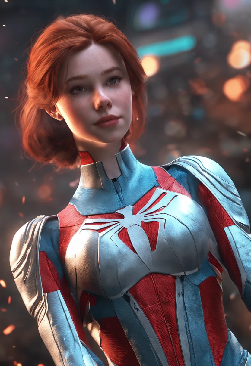 best quality,game cg,1girl, masterpiece, best quality, 8k, detailed skin texture, detailed cloth texture, beautiful detailed face, intricate details, ultra detailed, audrey hepburn, Spider-Man uniform, straight red hair, (Half body:1.2)