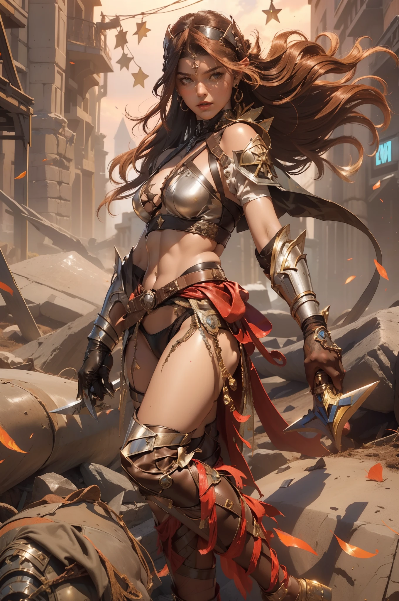 (((female))), (((best quality))), (((master part))), (((adulto))), (((Absurdo ))), ((( traje de gladiador romano vermelho com estrelas amarelas ))), ((( cabelo laranja curto))), ((( corte de cabelo bob ))), (((sozinho))), (( close na personagem )), vermelho intrincado, Graphs of red and white stars, A modern urban gladiator in an action scene attacking the viewer with a sword, A beautiful 30-year-old woman with an athletic body, post-apocalyptic world, ((( luvas de metal medievais ))), (( seios grandes nus )), ((( wearing a tiny leather panties ))), quase nu no estilo urbano selvagem de Simon Bisley para a capa da revista Heavy Metal, ((( cabelo moicano raspado nas laterais ))), Minimum clothing, armadura usada em batalha, intricate and colorful graphics, cheio de espinhos e rebites, ((( cowboy shot ))), cabelo moicano, rosto limpo, Centrado, foco na personagem, fundo intrincado, Directed by: Hajime Sorayama, Clearwater