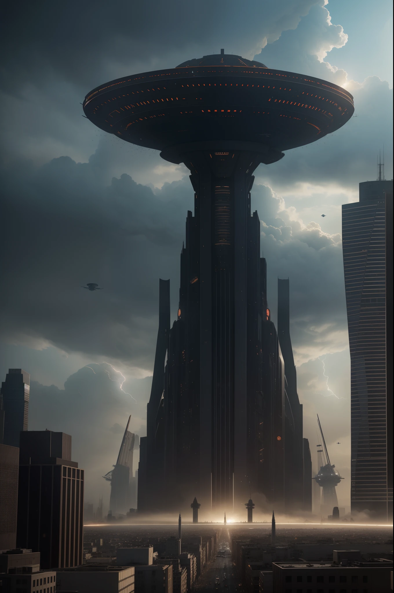 Craft a highly realistic image that portrays the chilling scene of an alien invasion. Picture a sprawling urban landscape, familiar yet transformed by the eerie presence of extraterrestrial forces. A colossal alien mothership hovers ominously in the sky, casting an otherworldly glow that bathes the city in an ethereal light. Advanced alien spacecraft swarm like malevolent insects, darting through the atmosphere with alarming speed.

The city's iconic landmarks and streets are now juxtaposed with the alien technology, evoking a sense of both familiarity and otherness. The alien architecture blends seamlessly with human structures, yet it is unmistakably foreign in design. Startling details reveal the intricate mechanisms of the spacecraft and the unfamiliar geometry of the alien architecture.

As chaos unfolds on the ground, brave human figures stand united, their expressions a mixture of fear, determination, and defiance. They wield advanced weaponry and wear specialized gear, facing the unknown with resilience. Smoke billows from damaged buildings, and the sky crackles with bursts of alien energy.

The realism of the image is paramount, with attention to lighting, texture, and perspective that immerses viewers in the chaos and tension of the invasion. The fusion of ordinary and extraordinary, of human and alien, should make this image both captivating and hauntingly plausible, leaving an indelible impact on anyone who gazes upon it.
