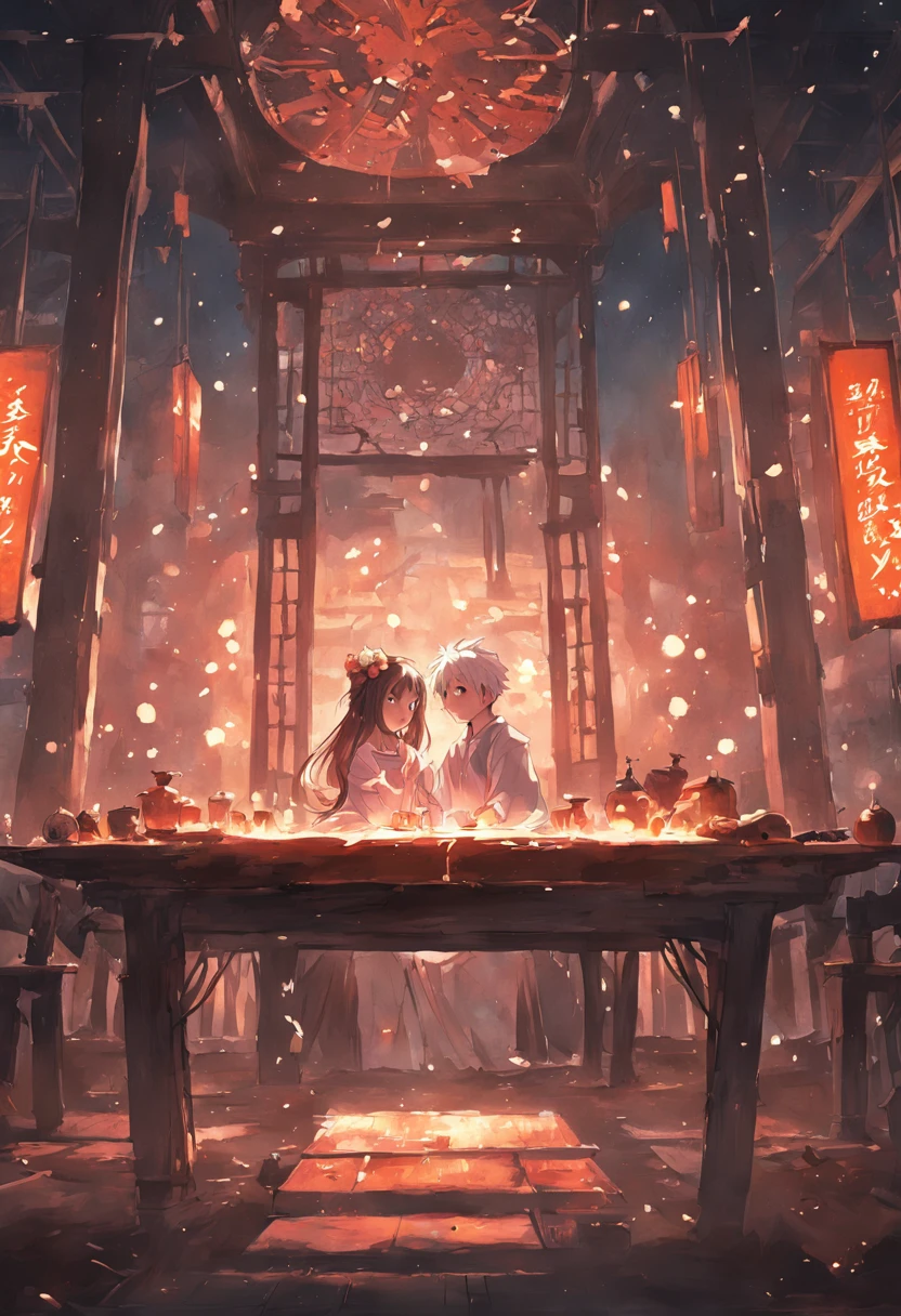 in ancient, Dilapidated Taoist temples, In an atmosphere of silence, An old table stands in the center. The surface of the table emits a faint and eerie glow, Like an ethereal light flickering in the darkness.
