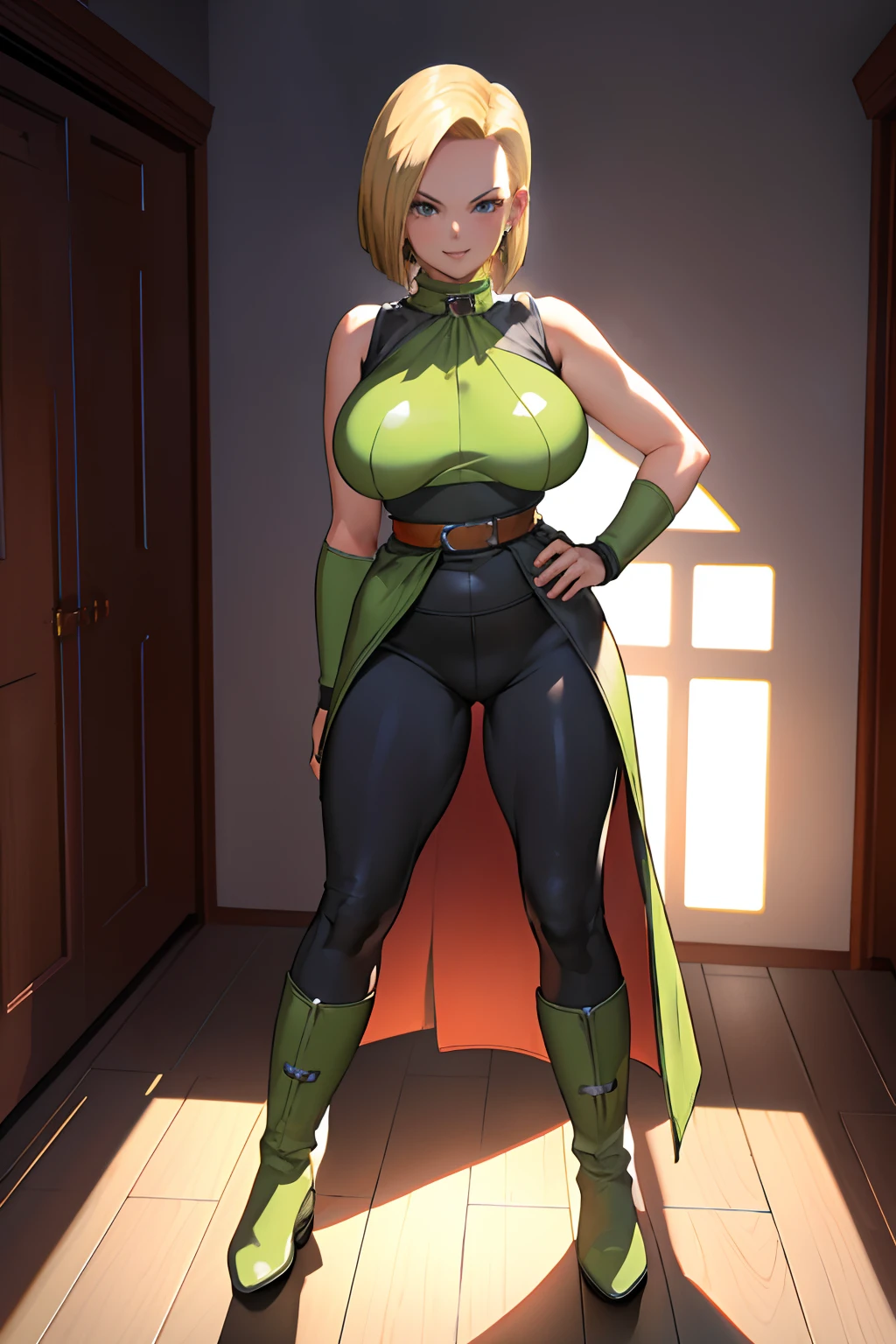 (((Android 18))), masterpiece, best quality, cowboy shot, 1girl, solo, saiyan armor, armor, black skirt, dress, wristband, black pantyhose, leggings, boots, bedroom background, indoors, nighttime, smile, happy, (Huge Breasts), wide hips, curvy, thin waist, looking at viewer, bare shoulders, blonde hair, medium hair, full Body