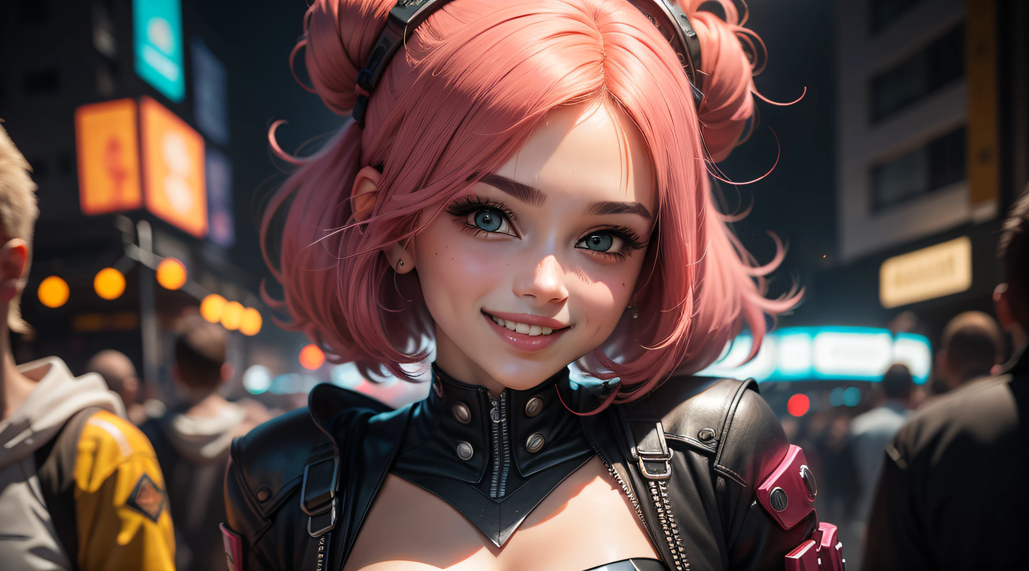 Menina bonita sorrindo com cabelos lisos e rosa, Comemorando com amigos guinomos e fadas e todos sorrindo, Estilo cyberpunk, Estilo Disney, alta qualidade, 4k