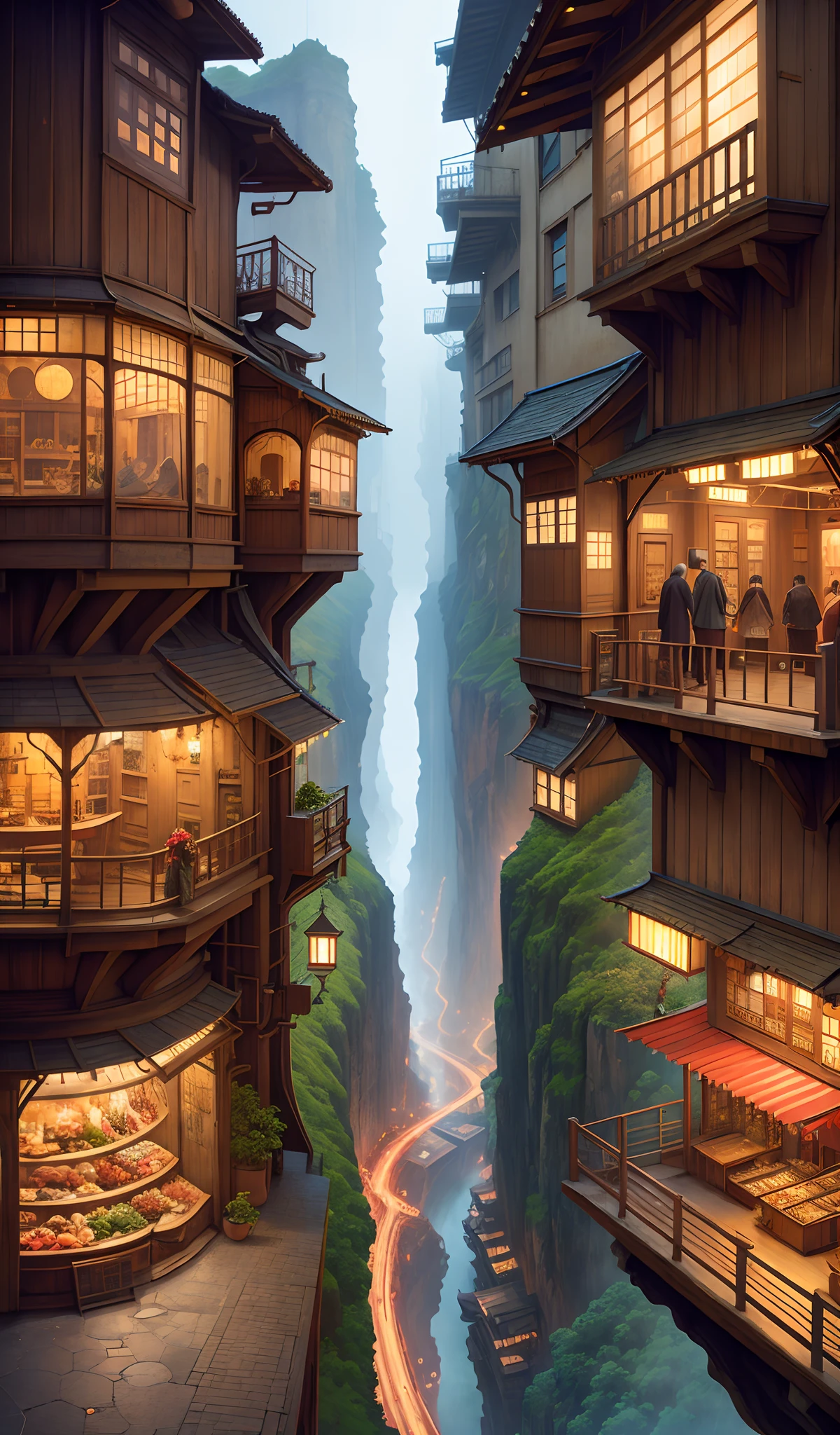 ((masutepiece)),((Best Quality)),((high detial)),((Realistic,))
industrial age cities, deep canyon in the middle, architectural streets, bazaars, bru, rainy day, Steampunk, European architecture